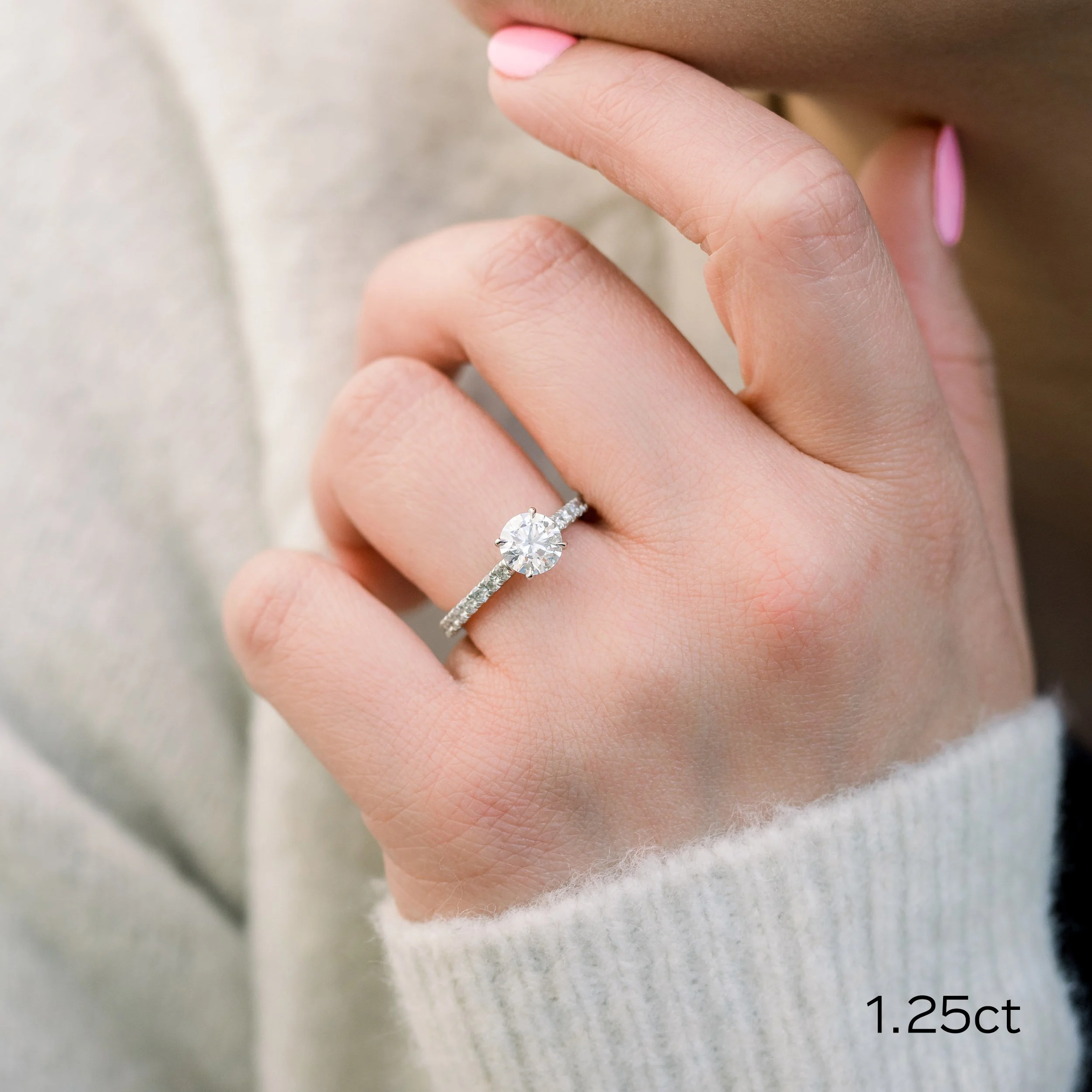 Platinum 1.75 Carat Round Brilliant Cathedral Pavé Engagement Ring with Lab Diamonds Ada Diamonds Design AD-133 On Model