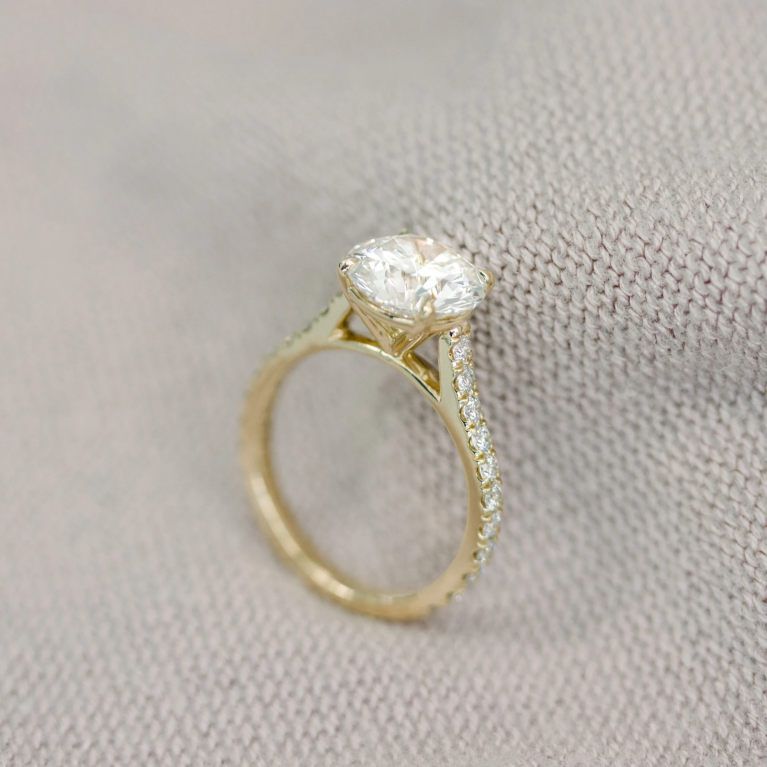 18k Yellow Gold 2 Carat Round Cathedral Pavé Lab Diamond Ring Ada Diamonds Design AD-133 Profile View