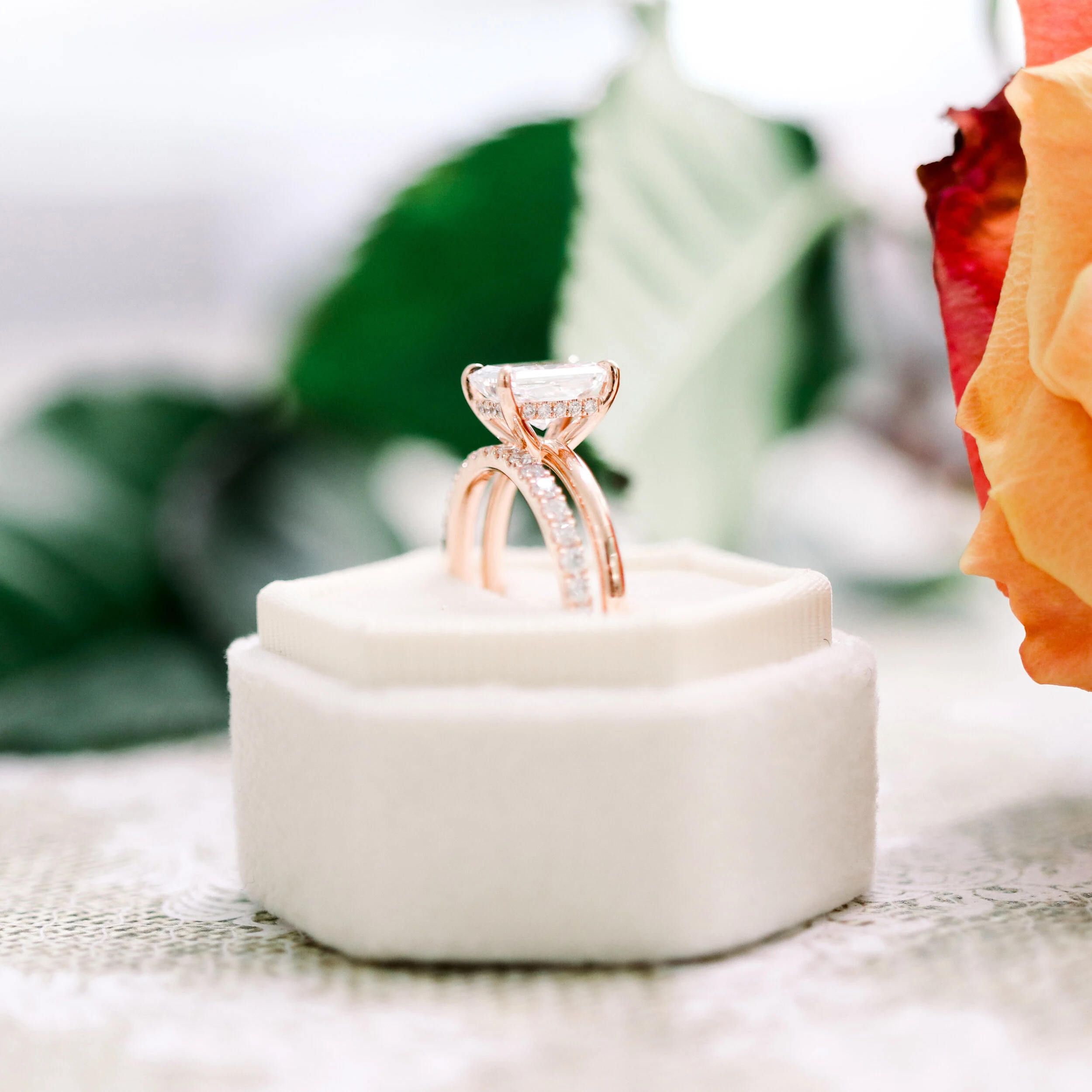 14k Rose Gold Radiant Cut Lab Diamond Wedding Set with 3/4 Eternity Band Ada Diamonds Design AD-250 Profile View