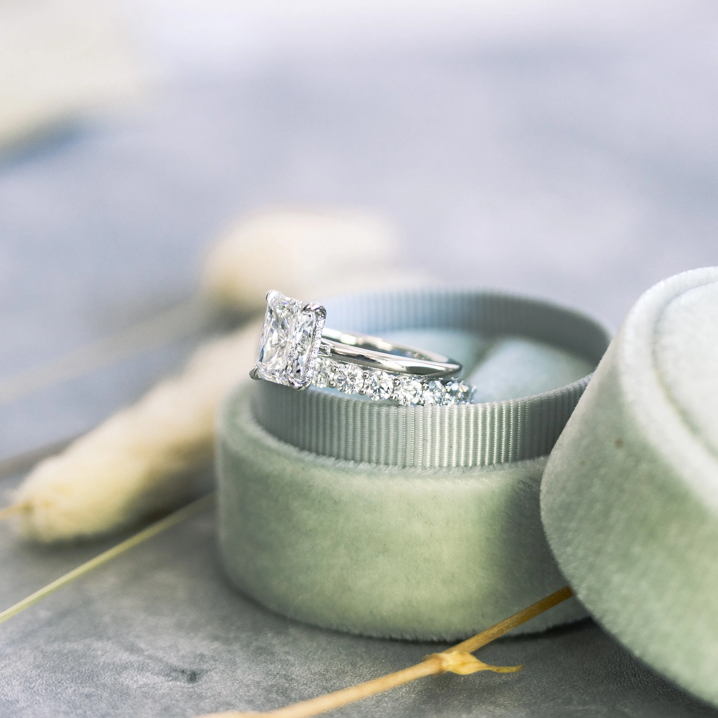 platinum radiant cut lab diamond solitaire wedding set with prong set wedding band ada diamonds design ad 250 and ad081