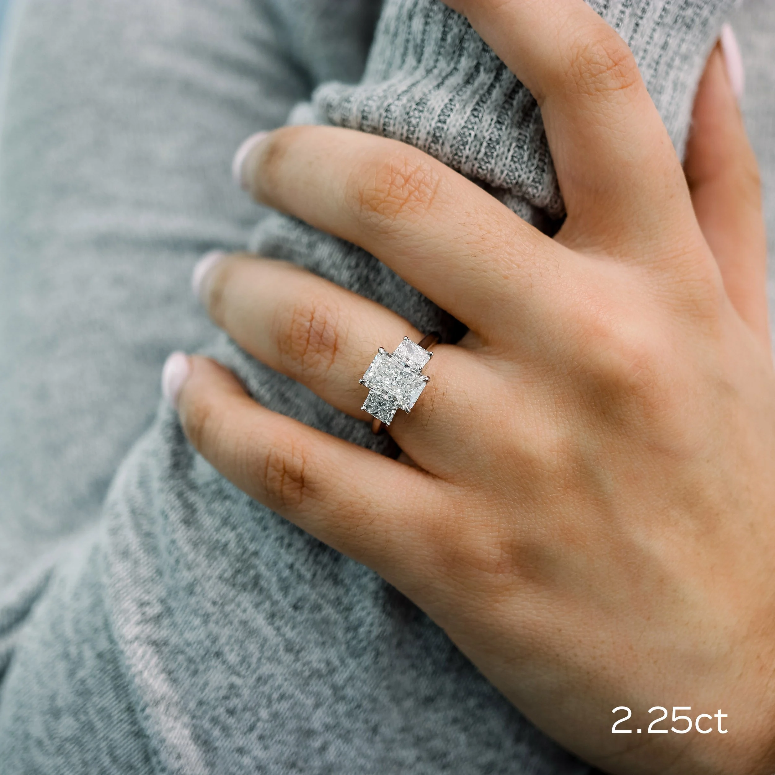 platinum 3.5 carat radiant cut three stone engagement ring with lab created diamonds ada diamonds design ad 484 on model