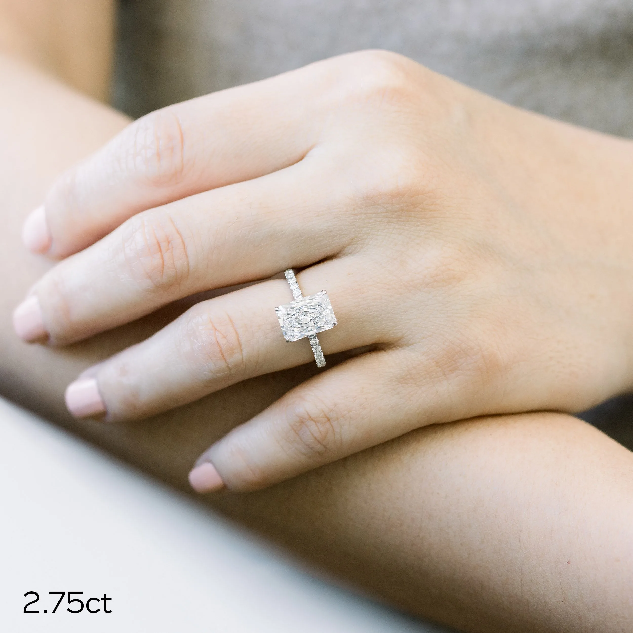 platinum 2.75ct radiant cut lab diamond in pave setting ada diamonds design ad 229 on model