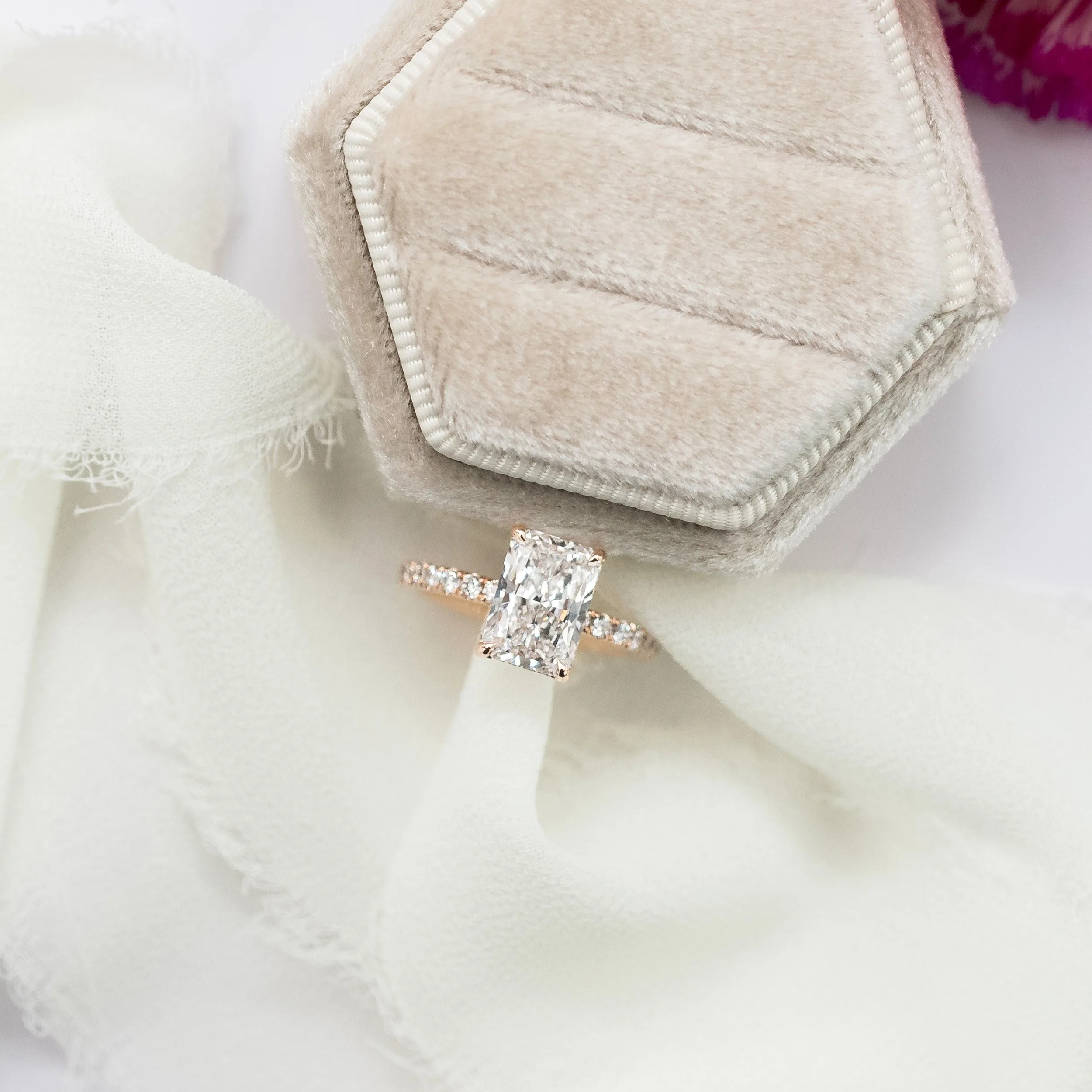 14k rose gold 2ct radiant cut pavé lab diamond engagement ring with hidden halo ada diamonds design ad 229 macro