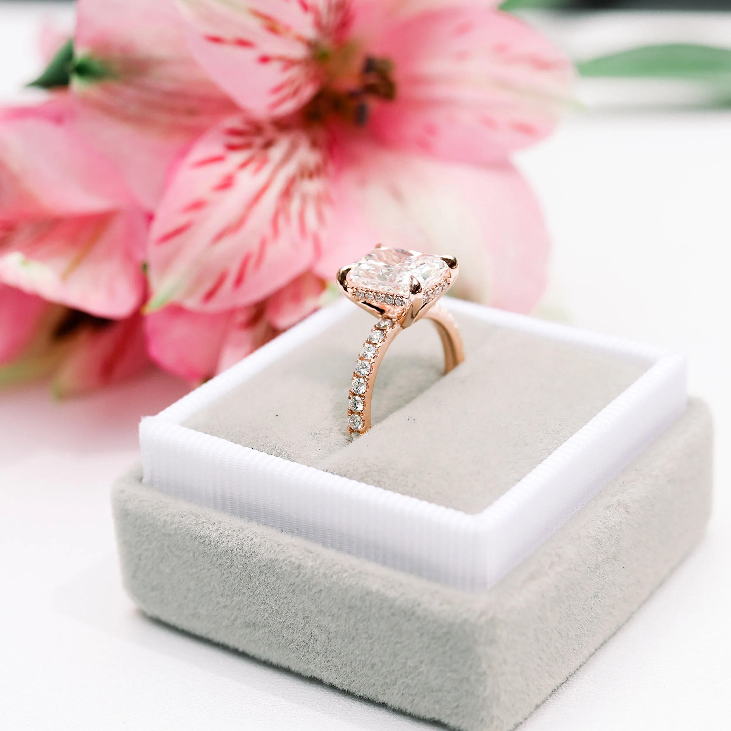14k Rose Gold Pavé Engagement Ring with 3 Carat Radiant Cut Lab Diamond Ada Diamonds Design Number 229 Profile