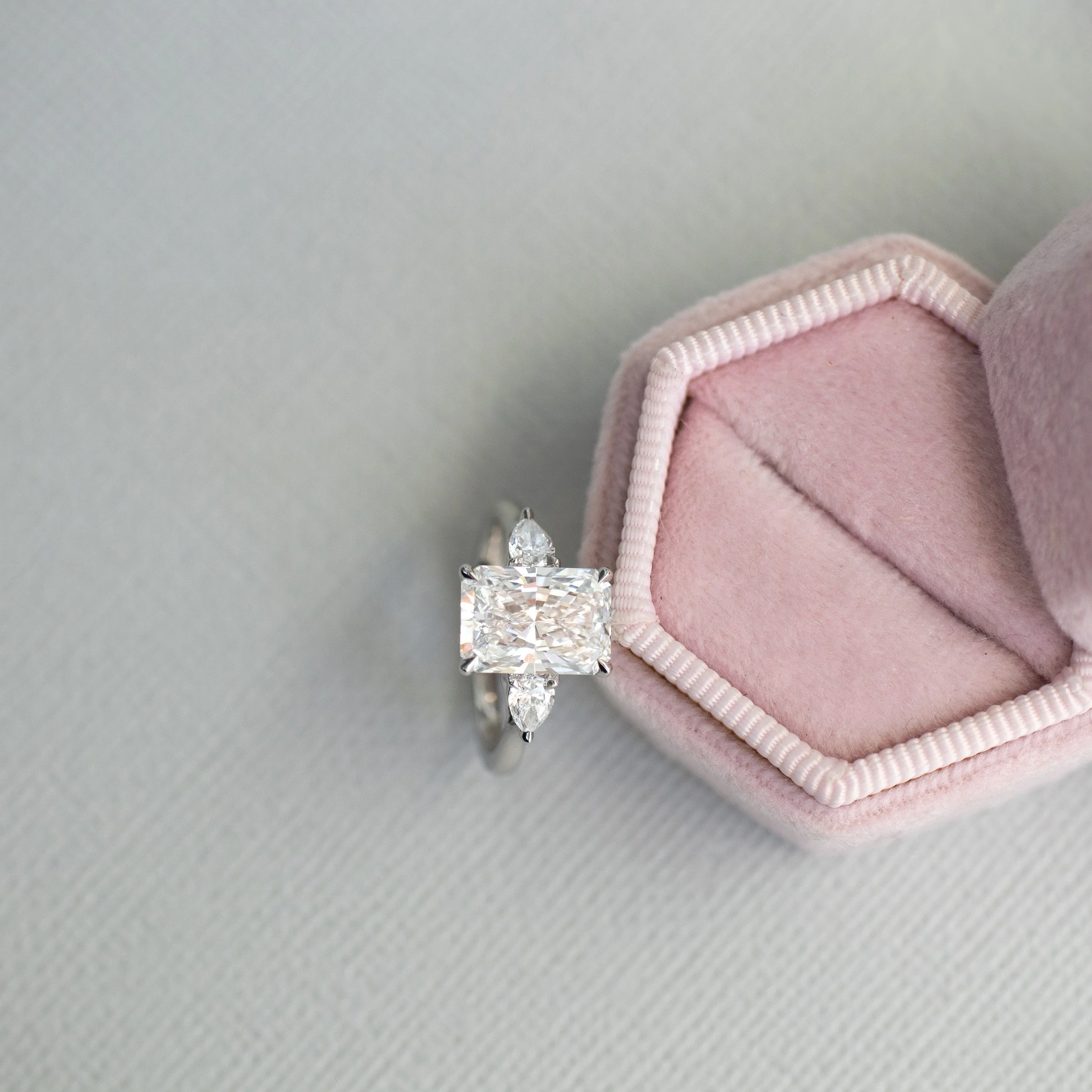 platinum 3 ct radiant and pear three stone engagement ring with laboratory grown diamonds ada diamonds design ad 458 macro