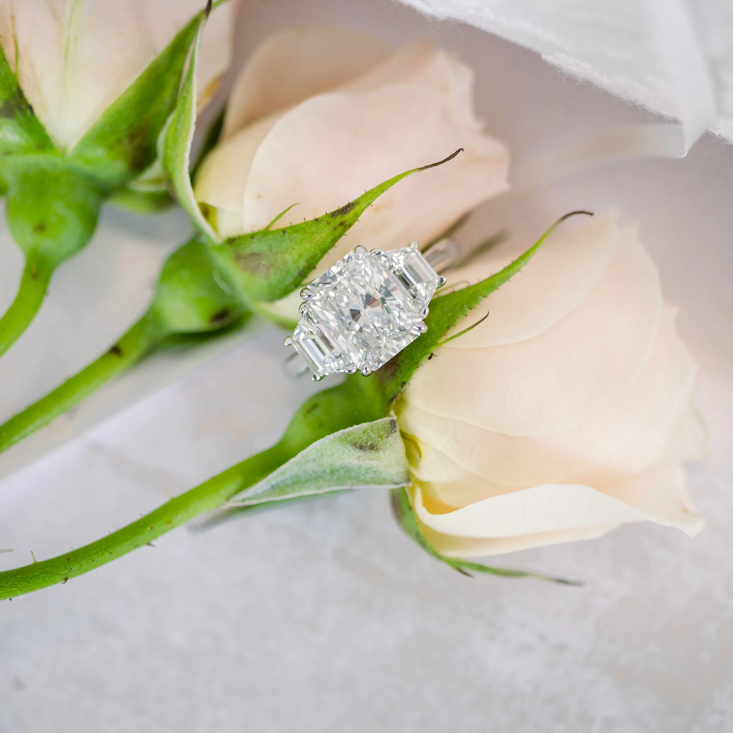 platinum 3.75ct radiant cut lab diamond engagement ring with large trapezoid side stones ada diamonds design ad 278 macro