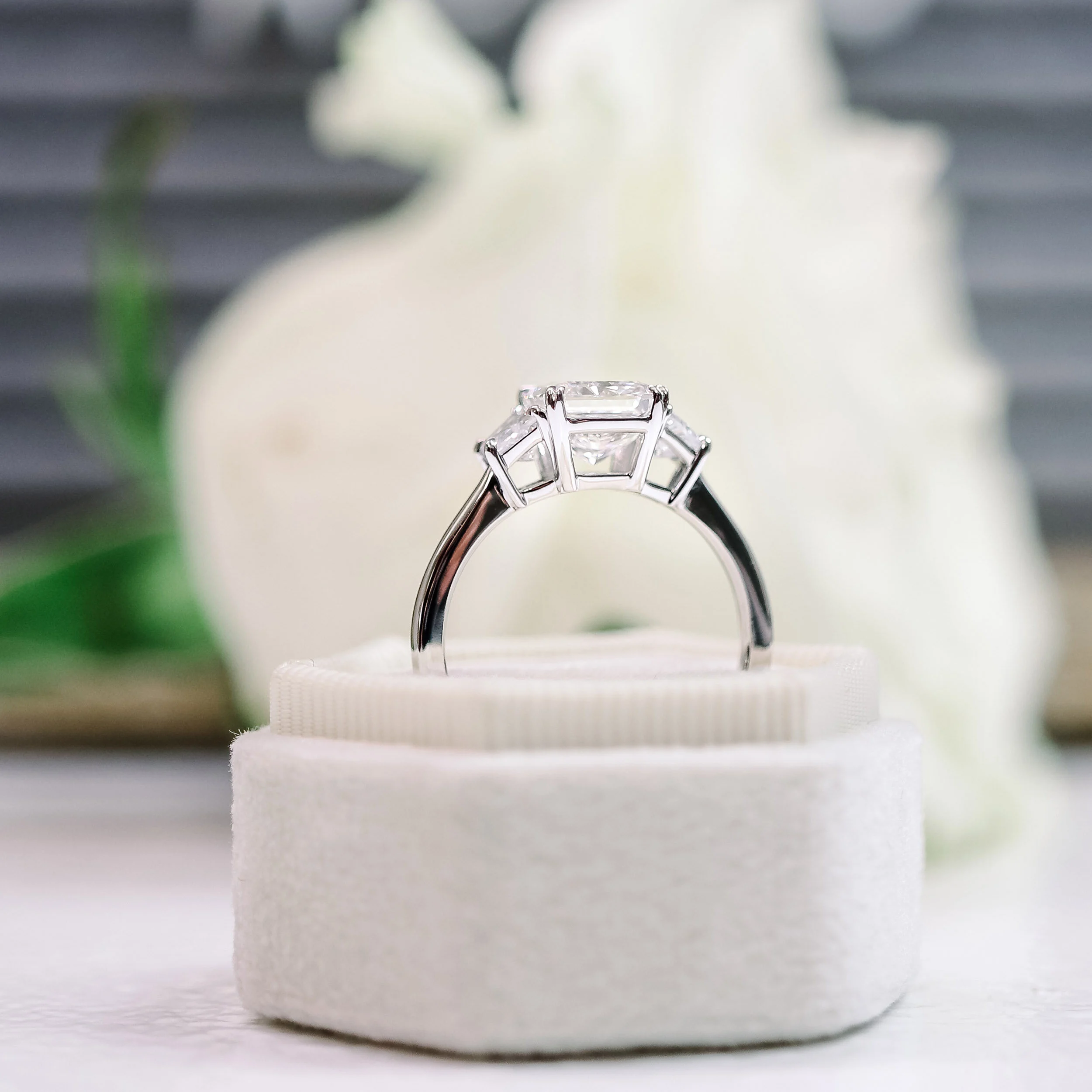 platinum radiant cut and trapezoid three stone lab diamond engagement ring ada diamonds design ad 278 profile view