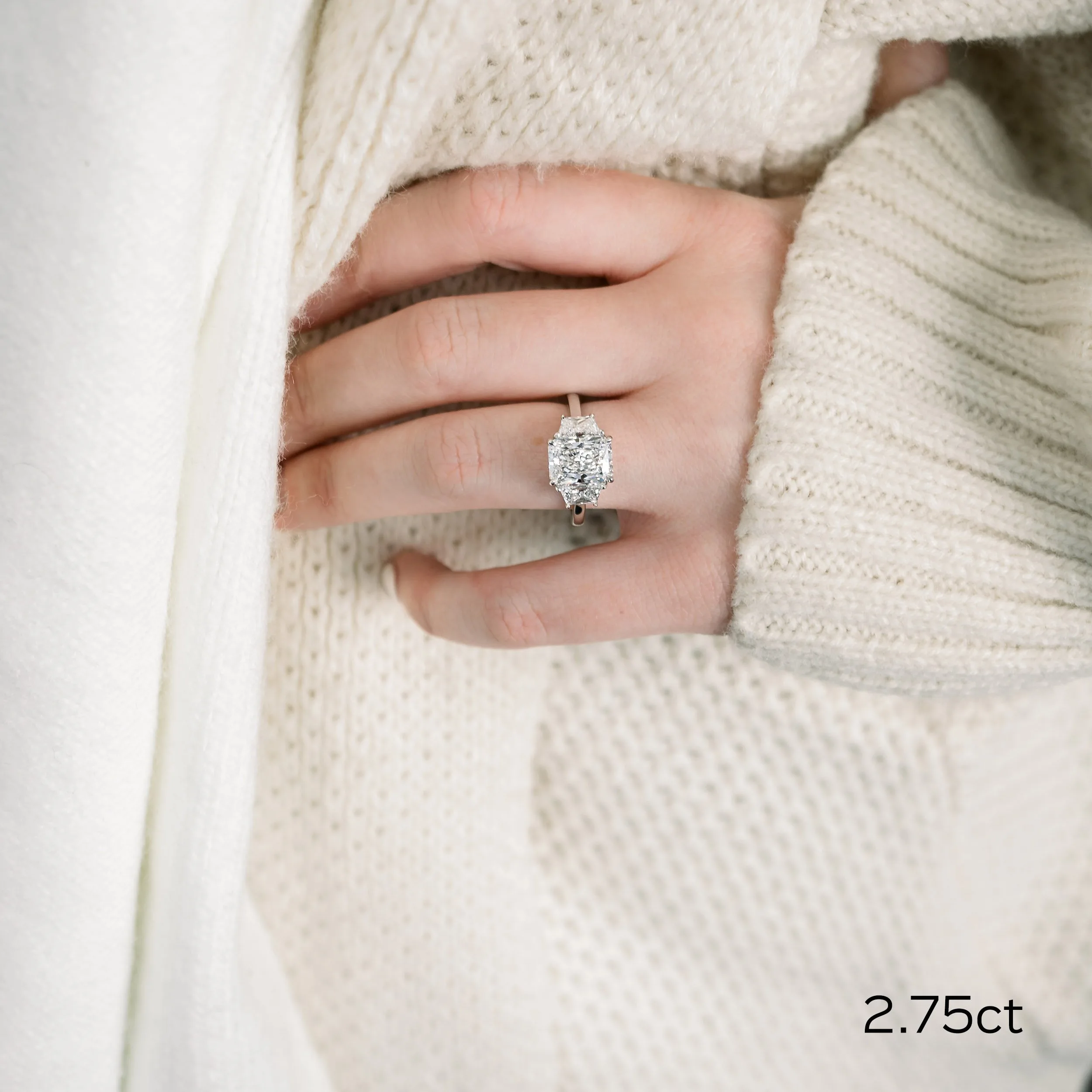 platinum 2.75ct radiant cut and trapezoid three stone lab diamond engagement ring ada diamonds design ad278 on model