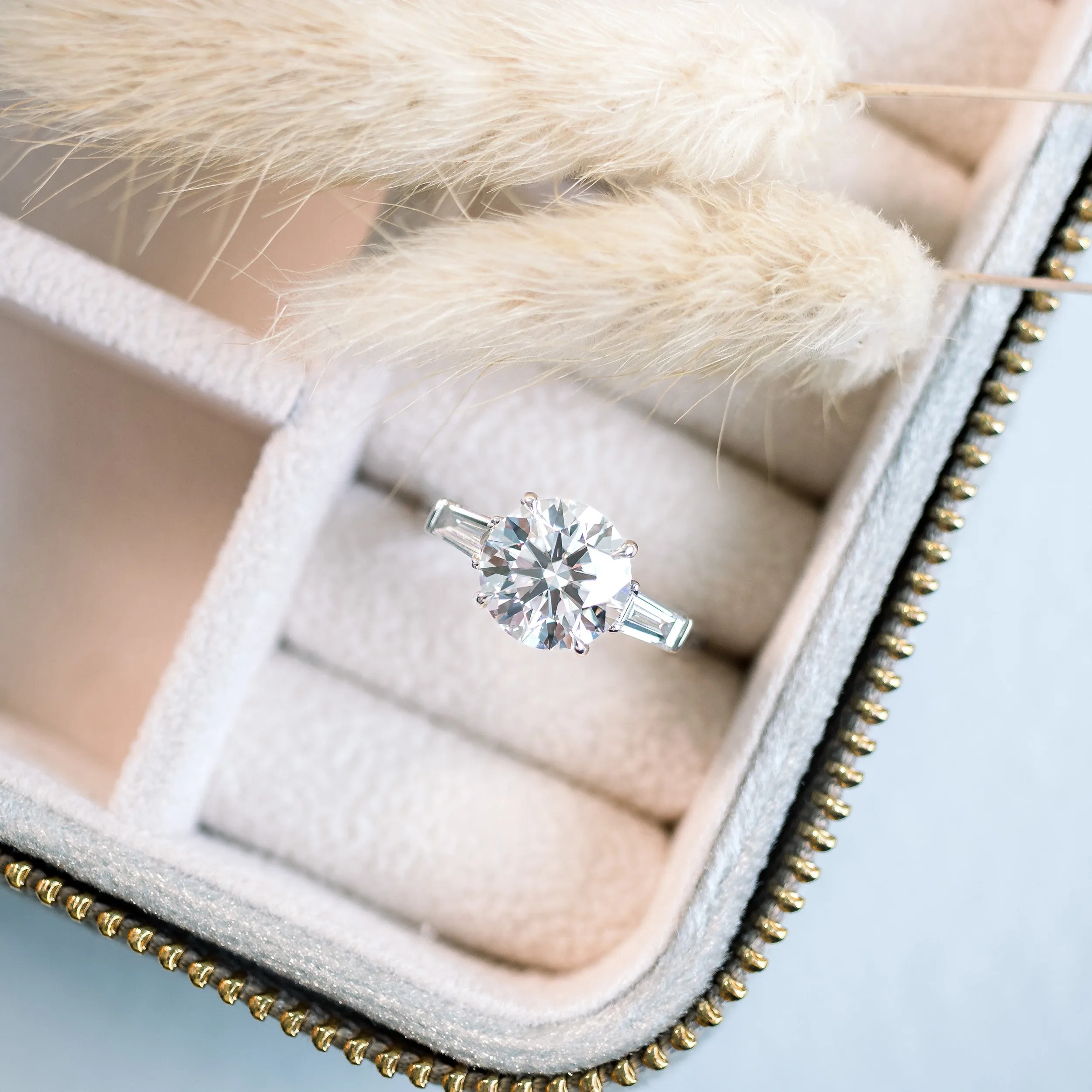 platinum 2.5ct round and baguette three stone lab diamond engagement ring ada diamonds design ad 071 macro