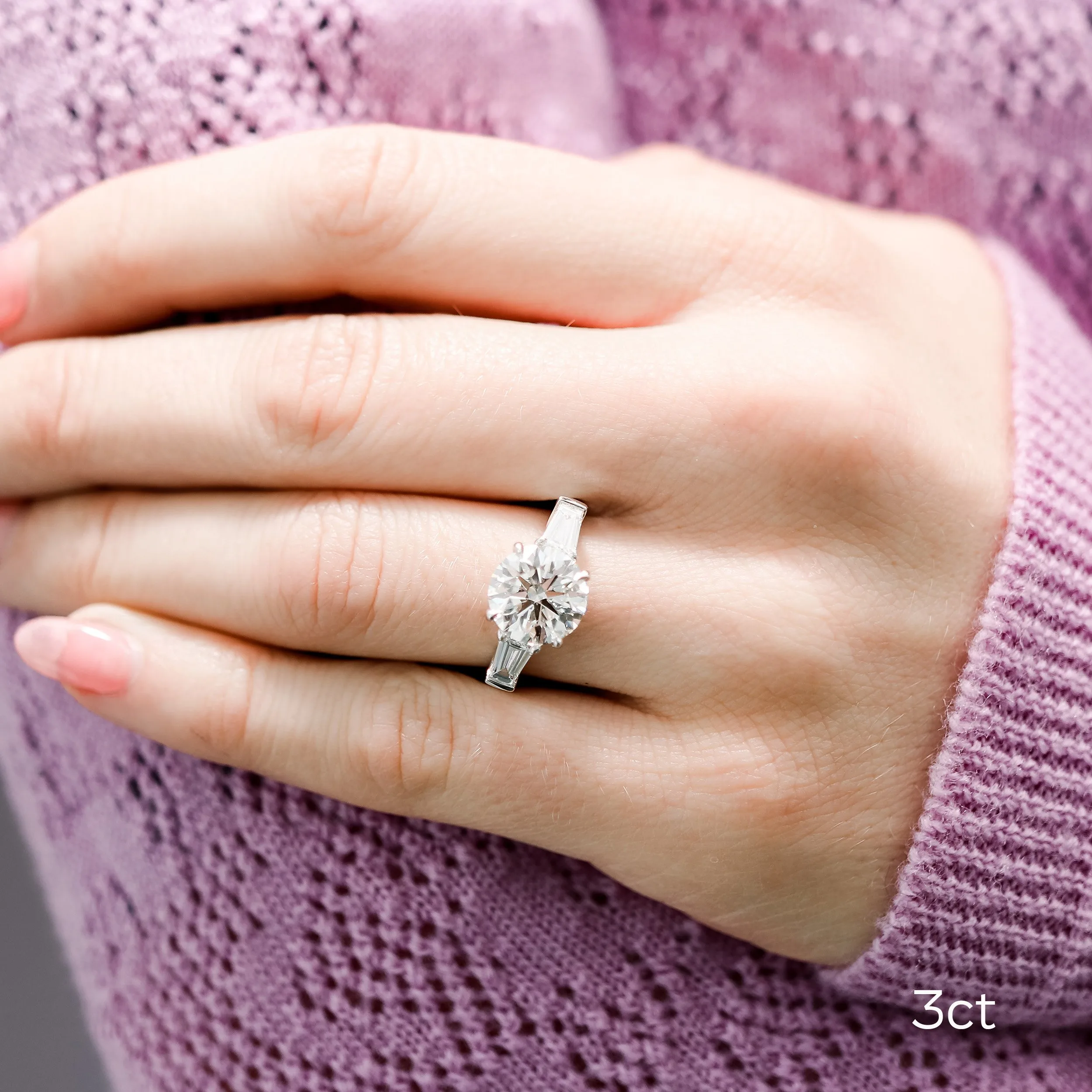 Platinum 3 carat Round and Baguette Engagement Ring Featuring 3 ct Excellent Round Lab Grown Diamonds Ada Diamonds Design AD-071