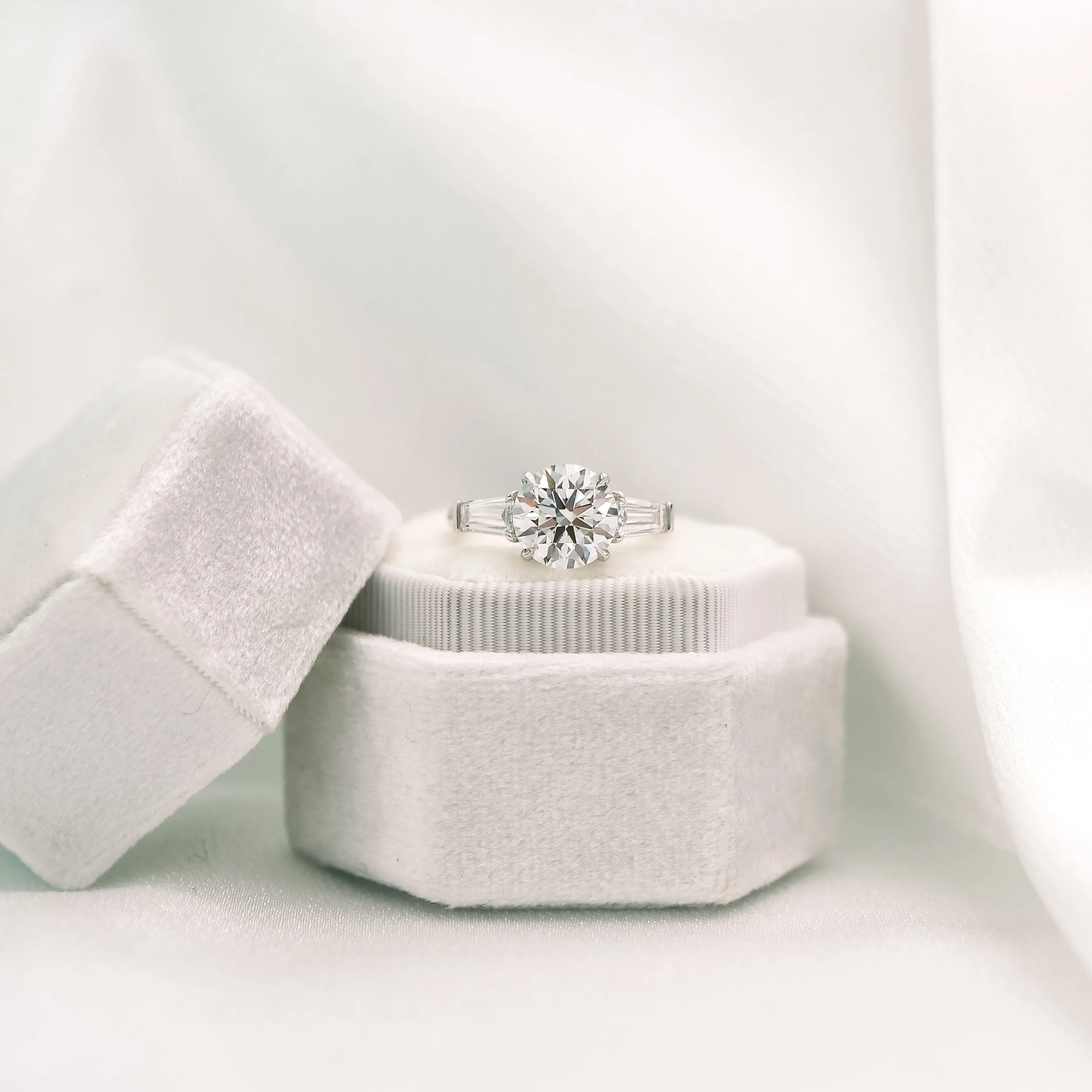 platinum 3 ct round and baguette lab diamond three stone engagement ring ada diamonds design ad 071 macro