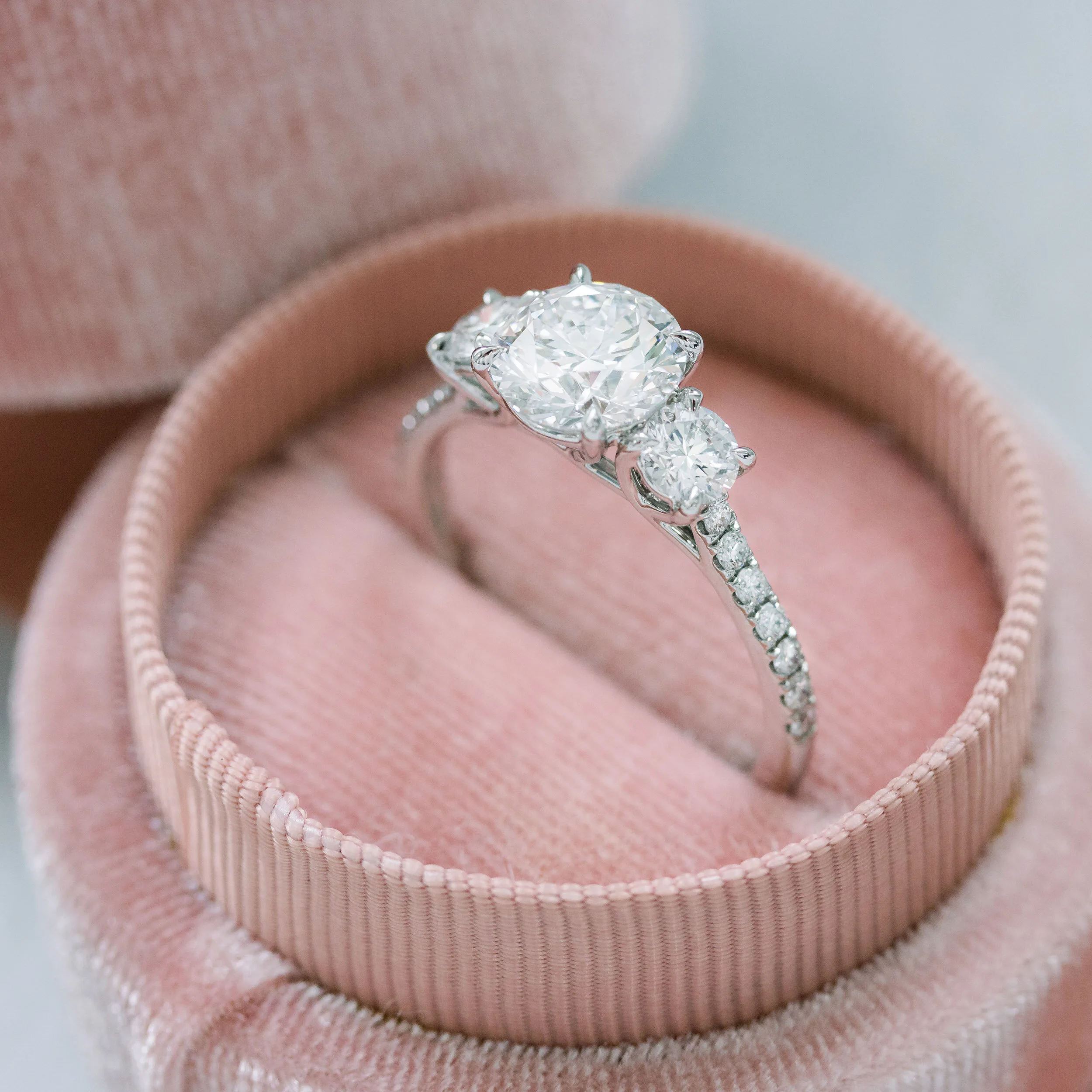 Platinum round three stone pave engagement ring with 1.5ct lab created diamond GIA graded Ada diamonds design