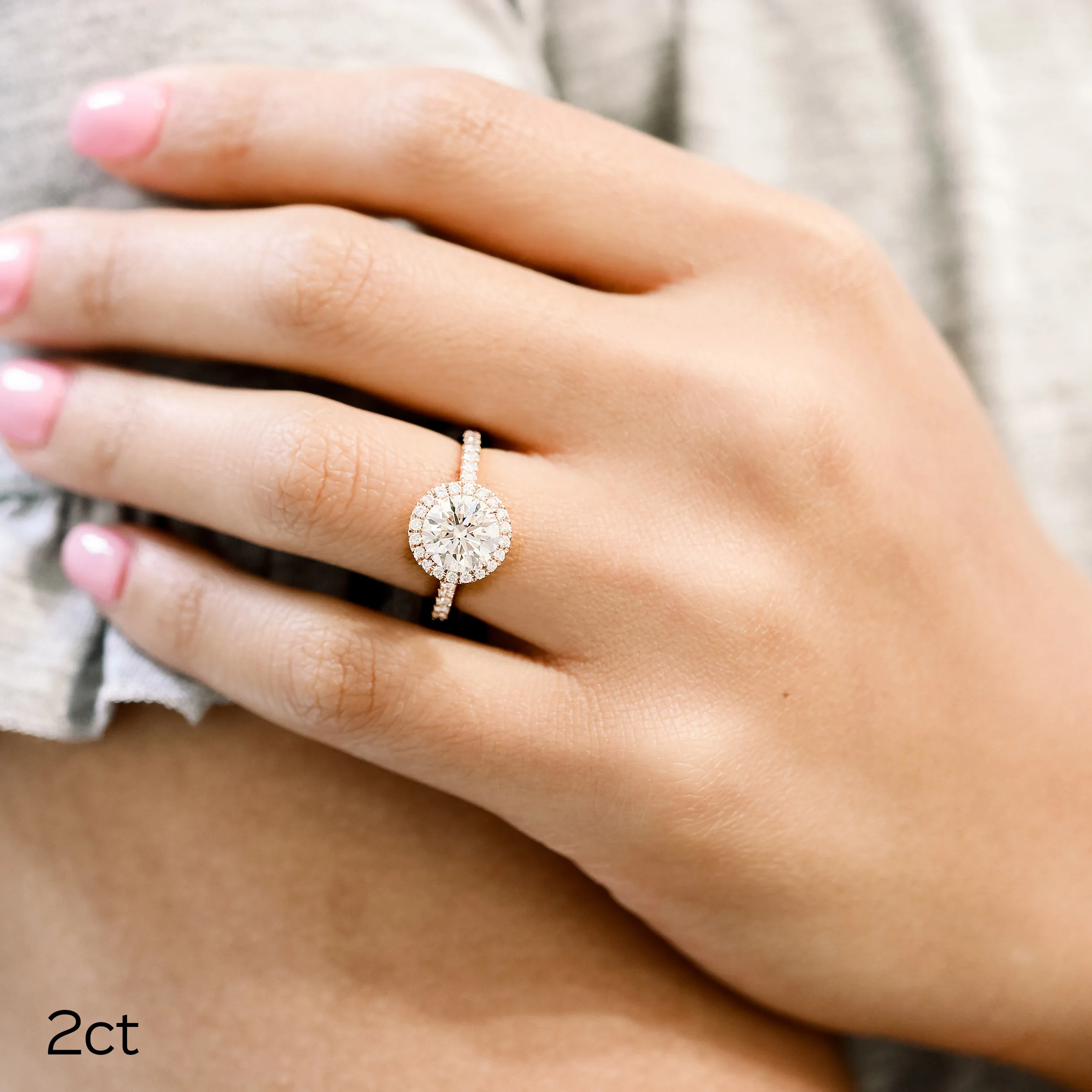 2ct Round Lab Diamond rose gold halo engagement ring Ada Diamonds Design Ad-080 on Model