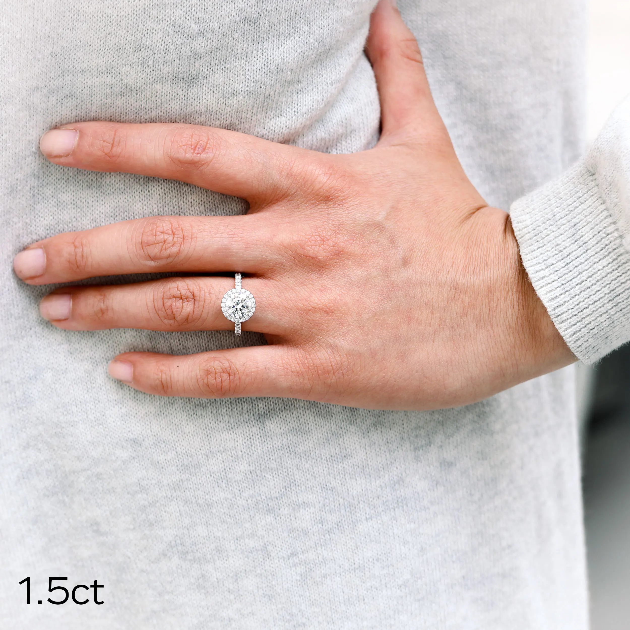 Platinum 1.5 Carat Round Lab Created Diamond Engagement Ring with Halo and Pavé Band Ada Diamonds Design AD-080 On Model