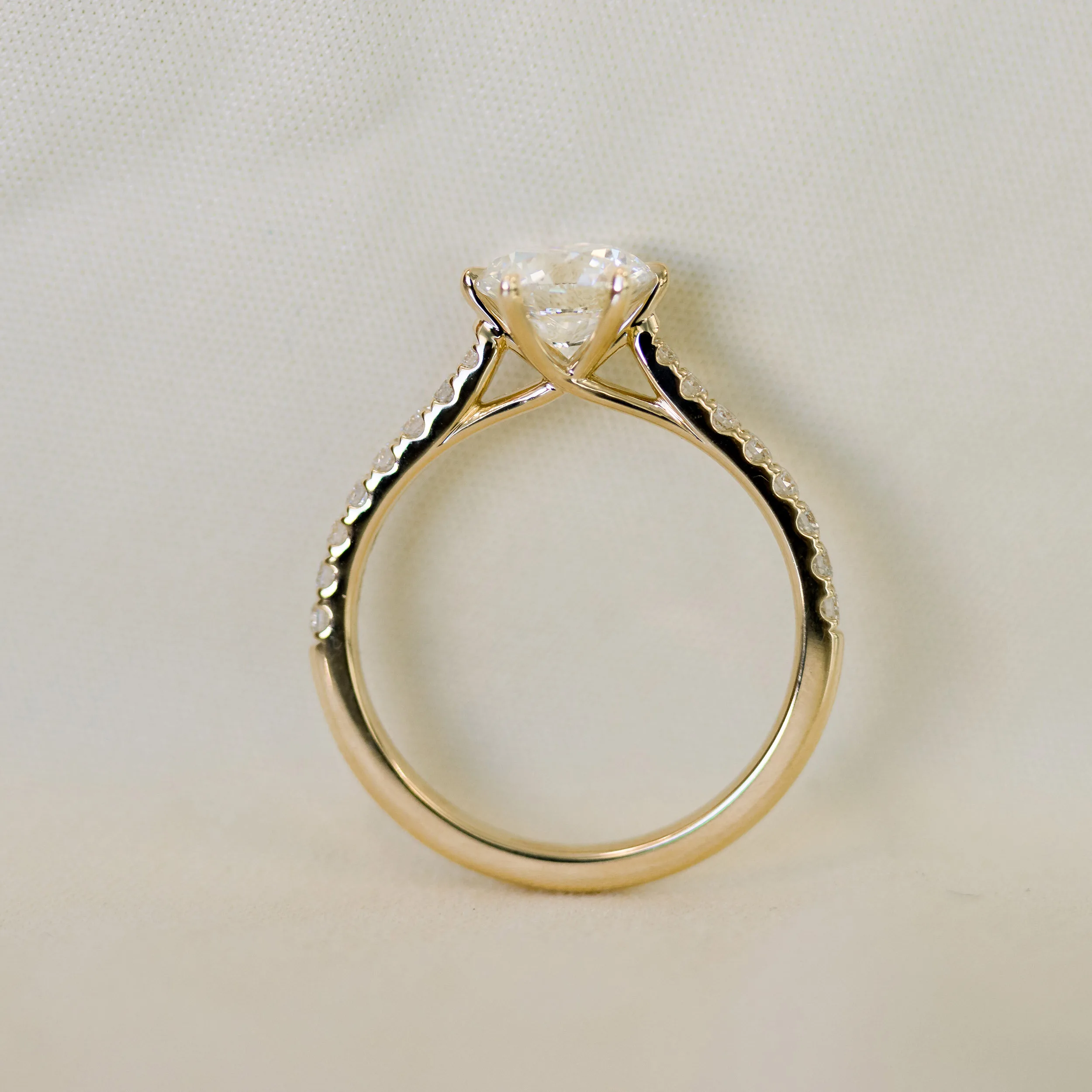 Yellow Gold 1.5ct Round Six Prong Trellis Pavé Lab Diamond Ring Ada Diamonds Design AD-360 Profile
