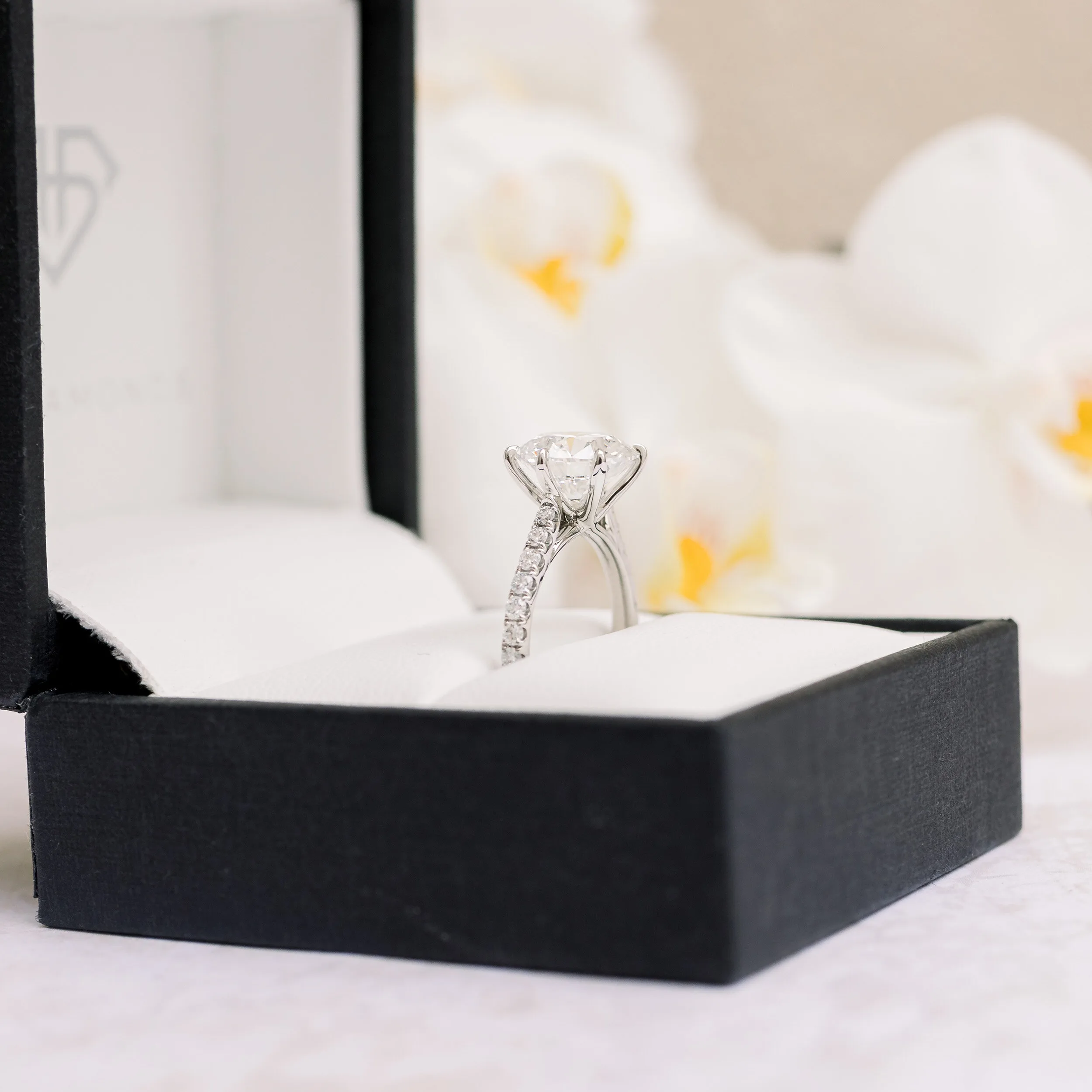 Platinum 1.5 Carat Round Lab Diamond Six Prong Trellis Pavé Engagement Ring Ada Diamonds Design AD-360 Side View