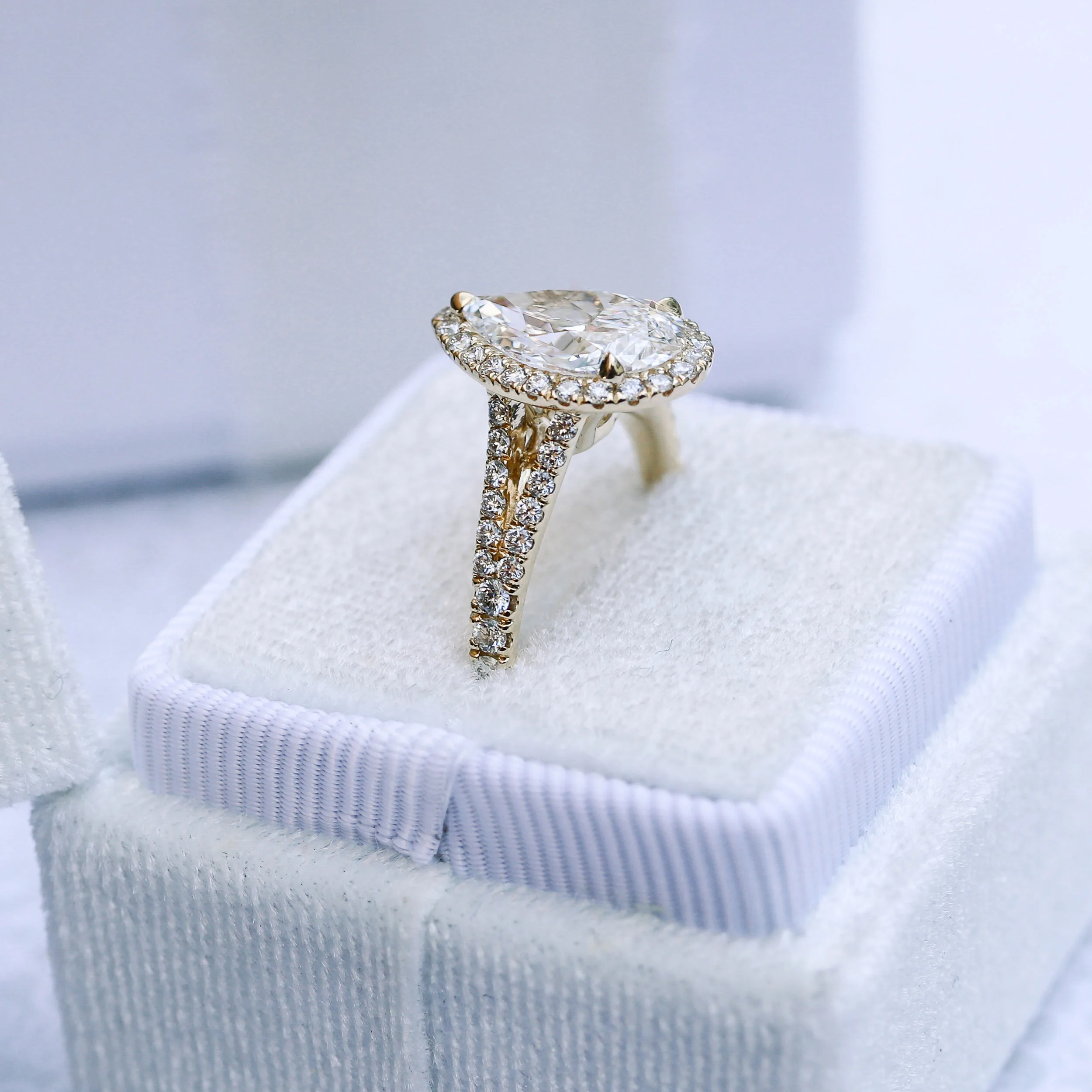 14k Yellow Gold 2.25 Carat Pear Single Halo Split Shank Engagement Ring with Lab Diamonds Ada Diamonds Design Number AD-161 Profile Shot