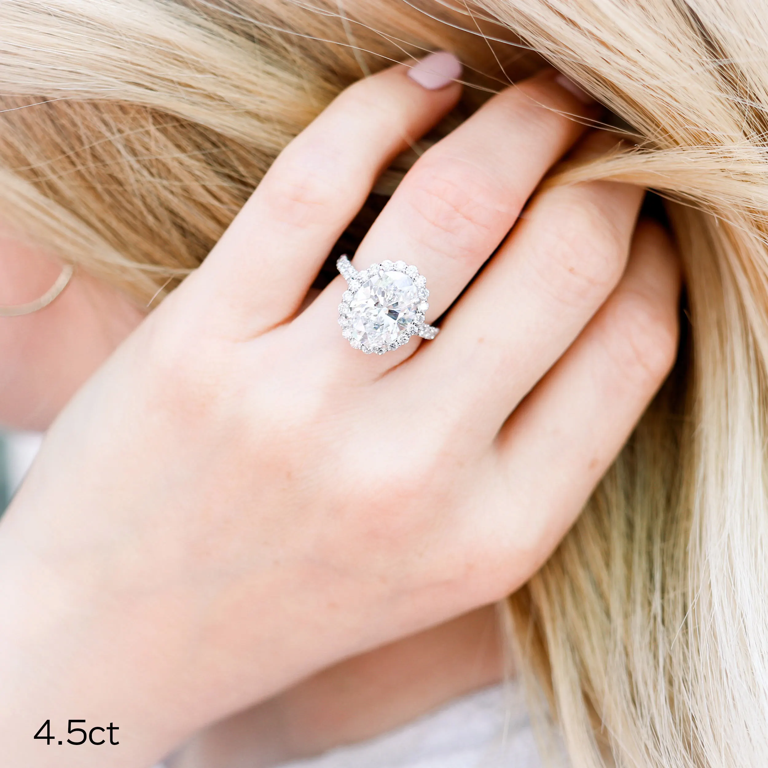5 Carat Oval Lab Created Diamond Ring with Halo and Split Shank Diamond Band Ada Diamonds Design Ad-161 on Model