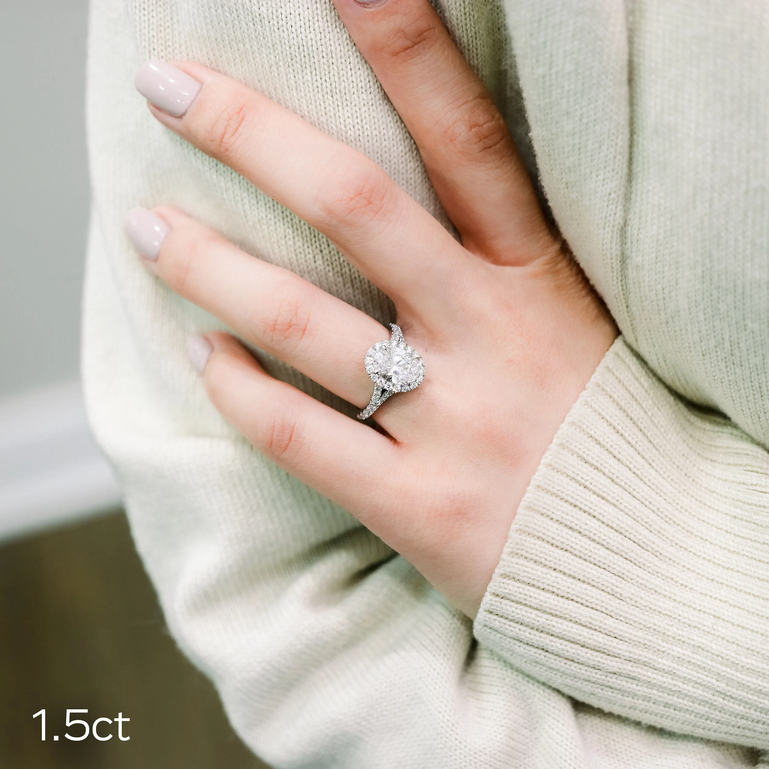 platinum oval lab grown diamond halo split shank ring ada diamonds design ad-161 on model