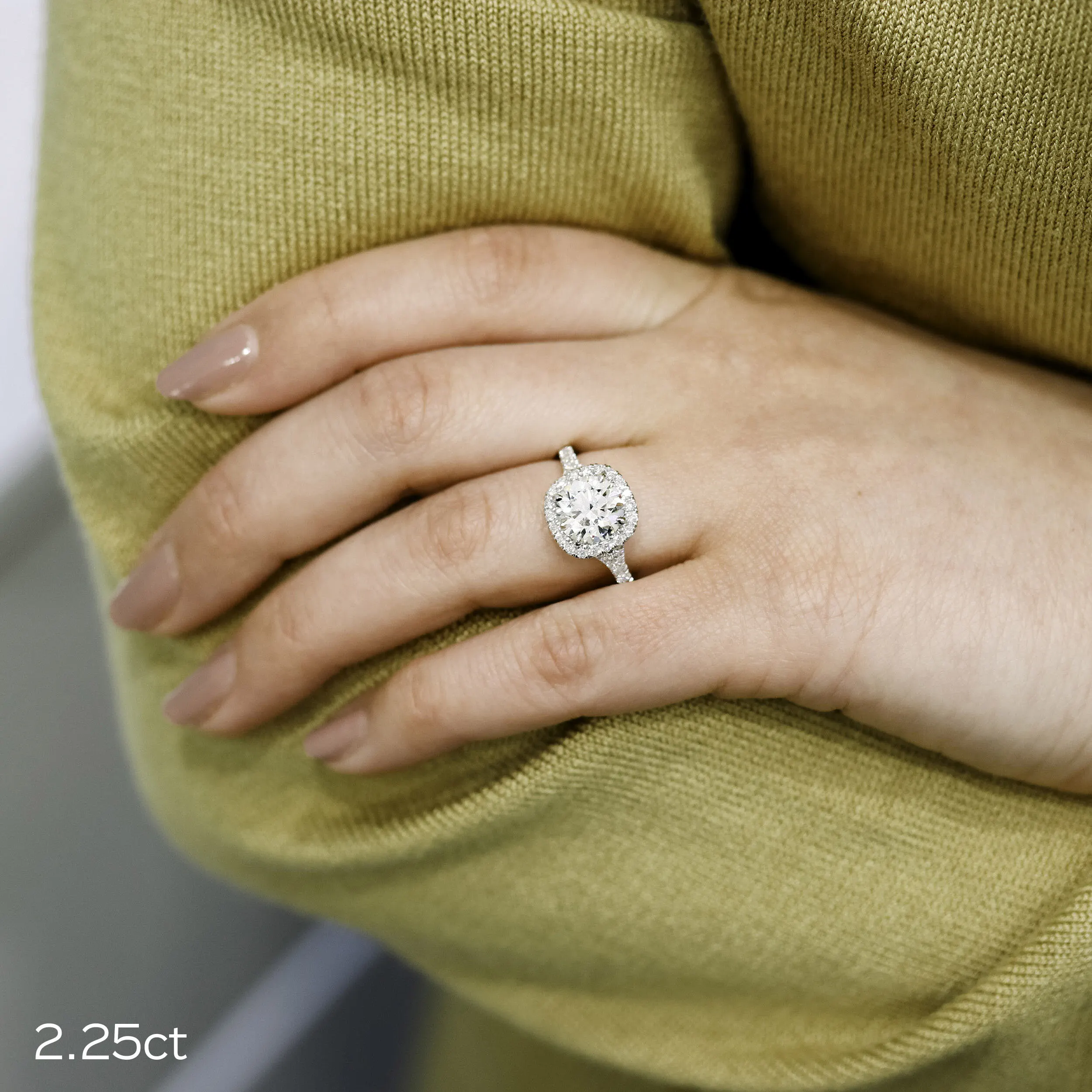 Platinum 2 Carat Cushion Cut Lab Grown Diamond Halo Split Shank Engagement Ring Ada Diamonds Design AD-161 on Model