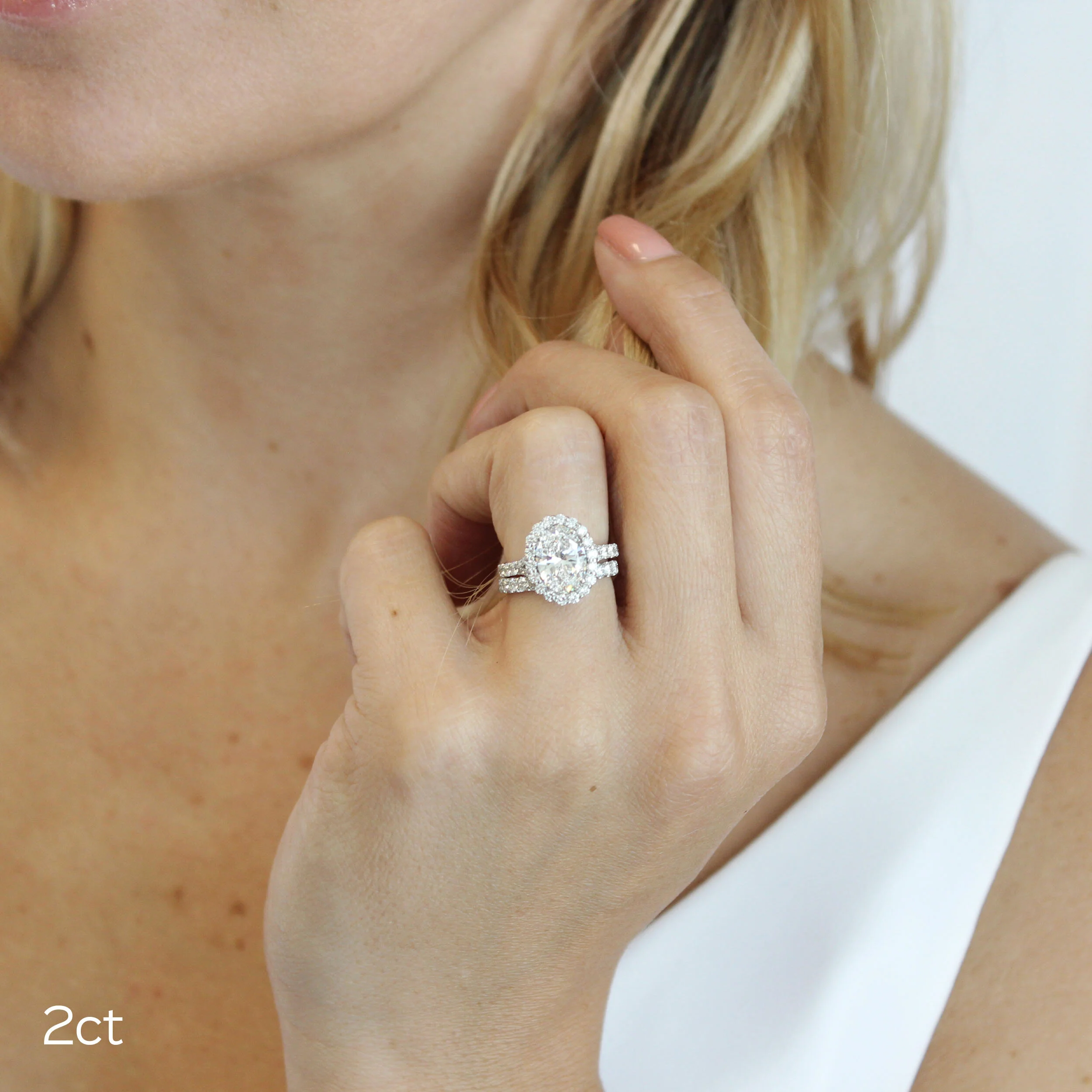 18k White Gold Halo Split Shank Engagement Ring Setting with 2ct Man Made Diamond Ada Diamonds Design AD-161 on hand