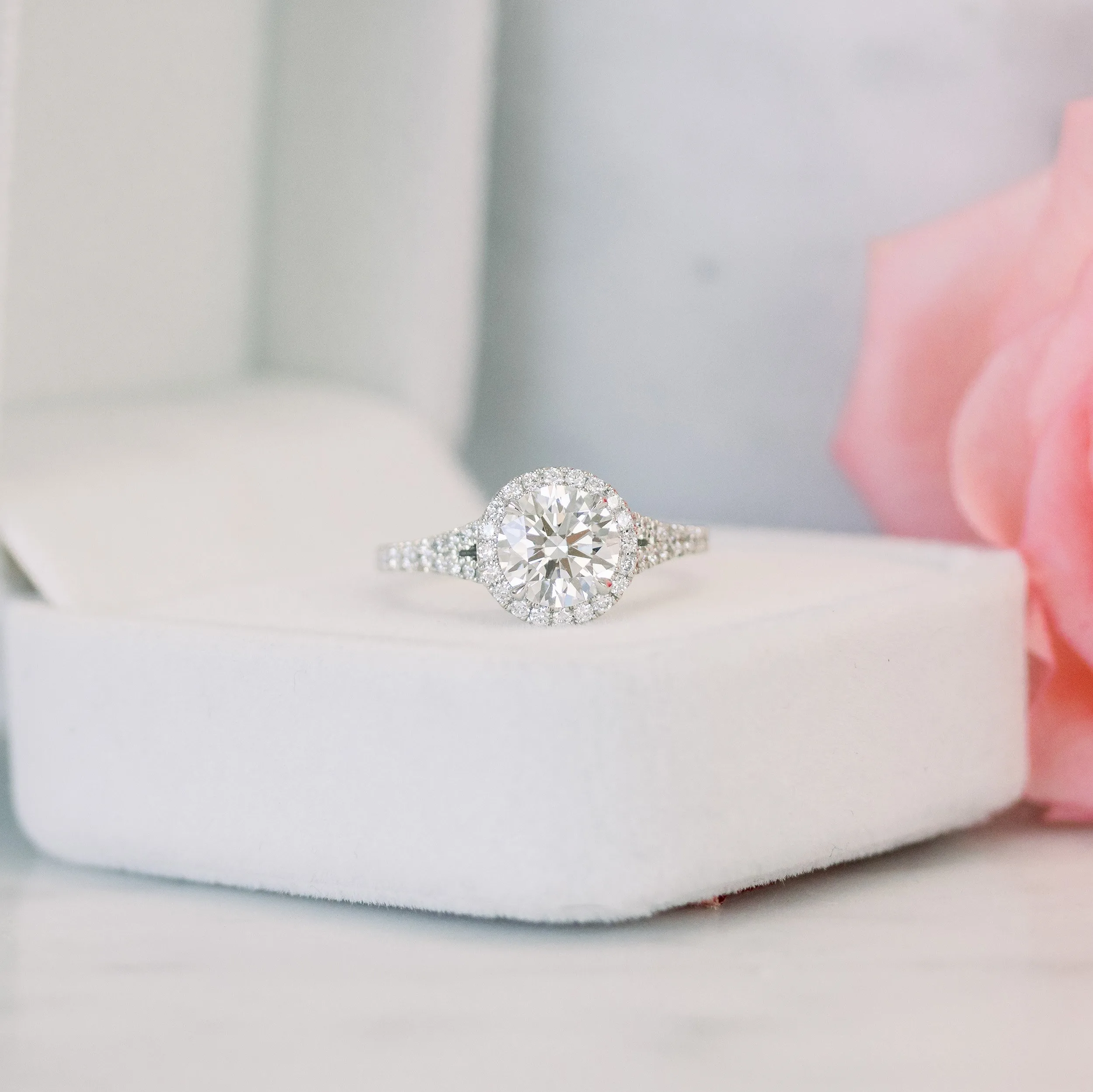 platinum two carat round lab diamond engagement ring with halo and split shank diamond band ada diamonds design ad 161 macro