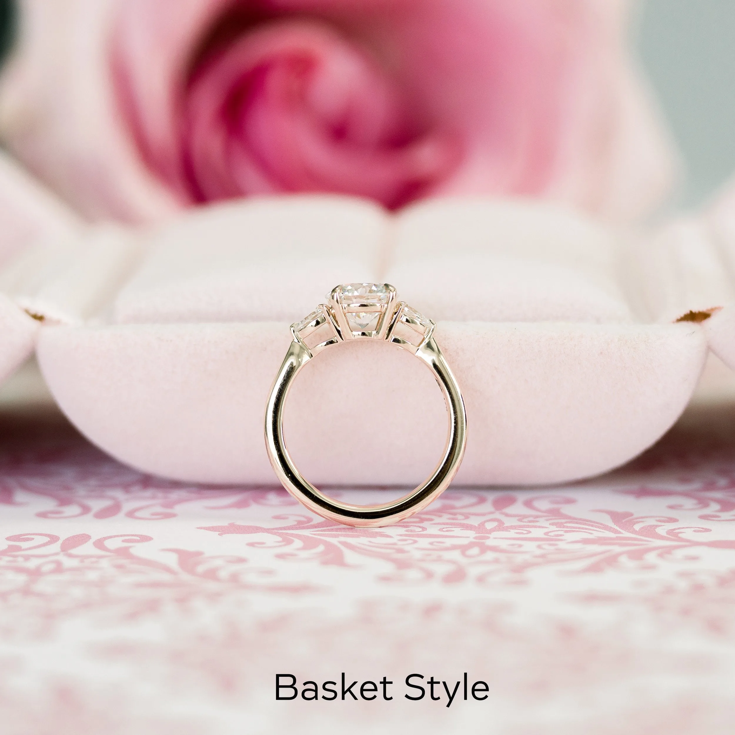 14k rose gold three stone round and pear lab diamond engagement ring ada diamonds design ad 456 profile view