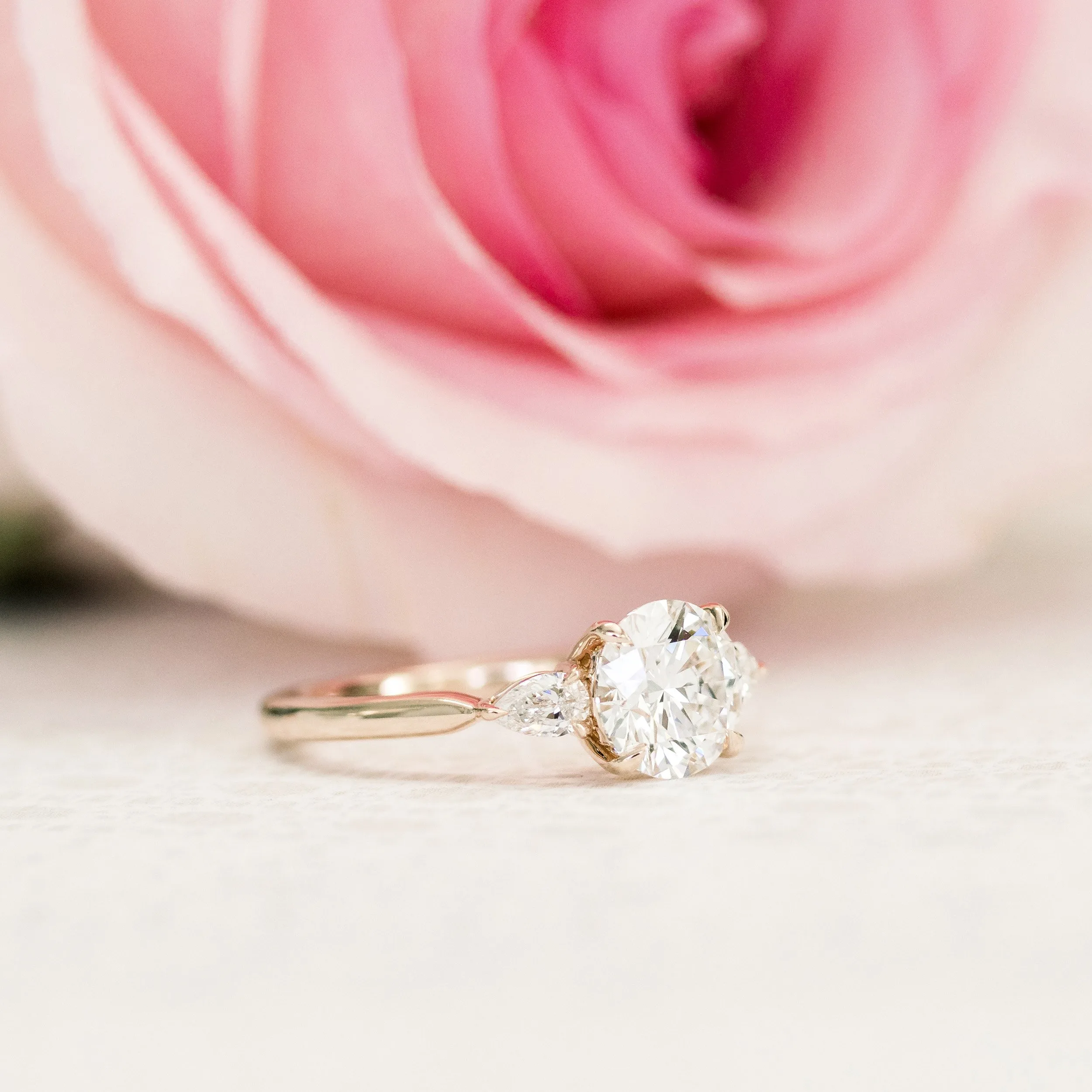 14k rose gold three stone round and pear lab diamond engagement ring ada diamonds design ad 456
