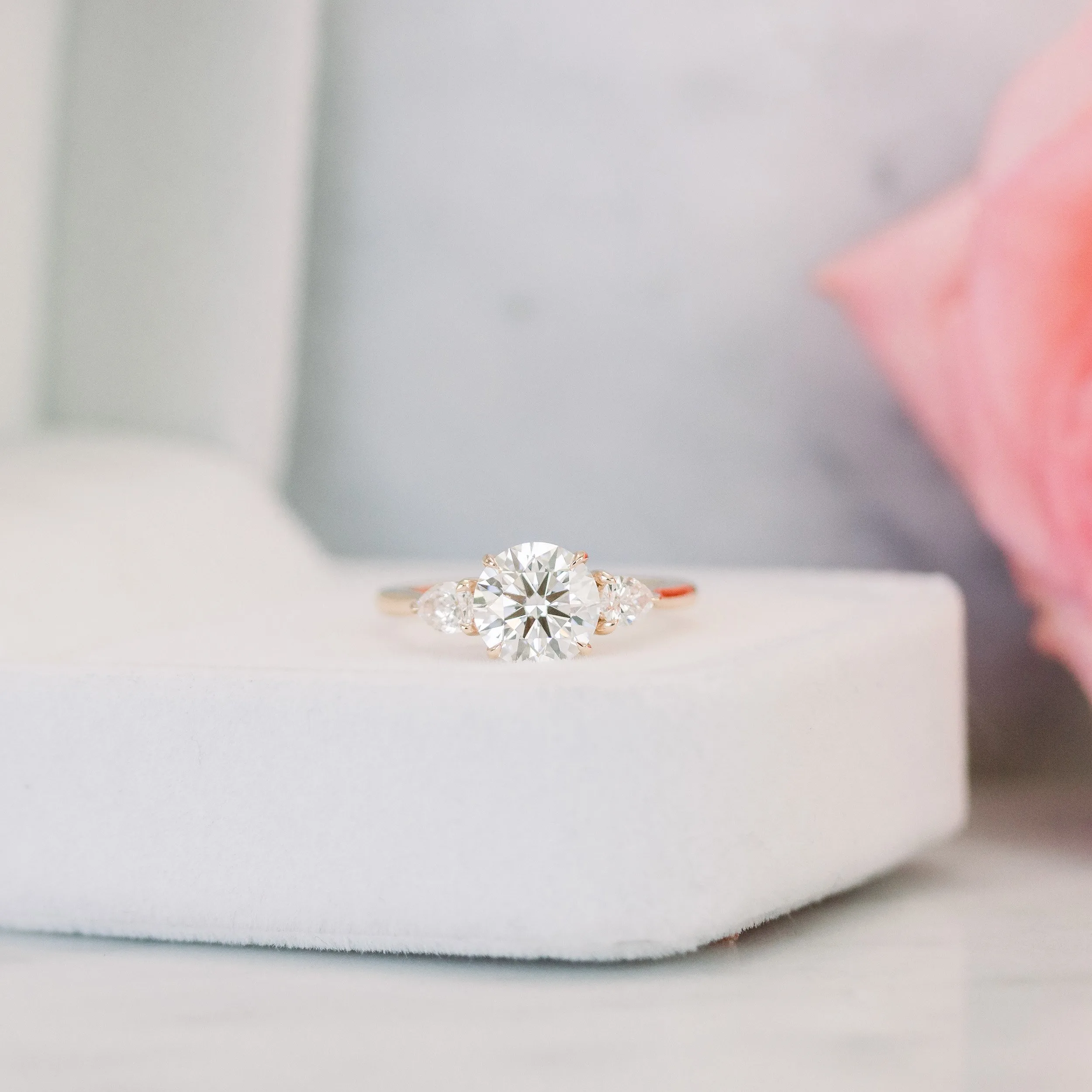 18k rose gold round and pear three stone lab diamond engagement ring ada diamonds design ad 456