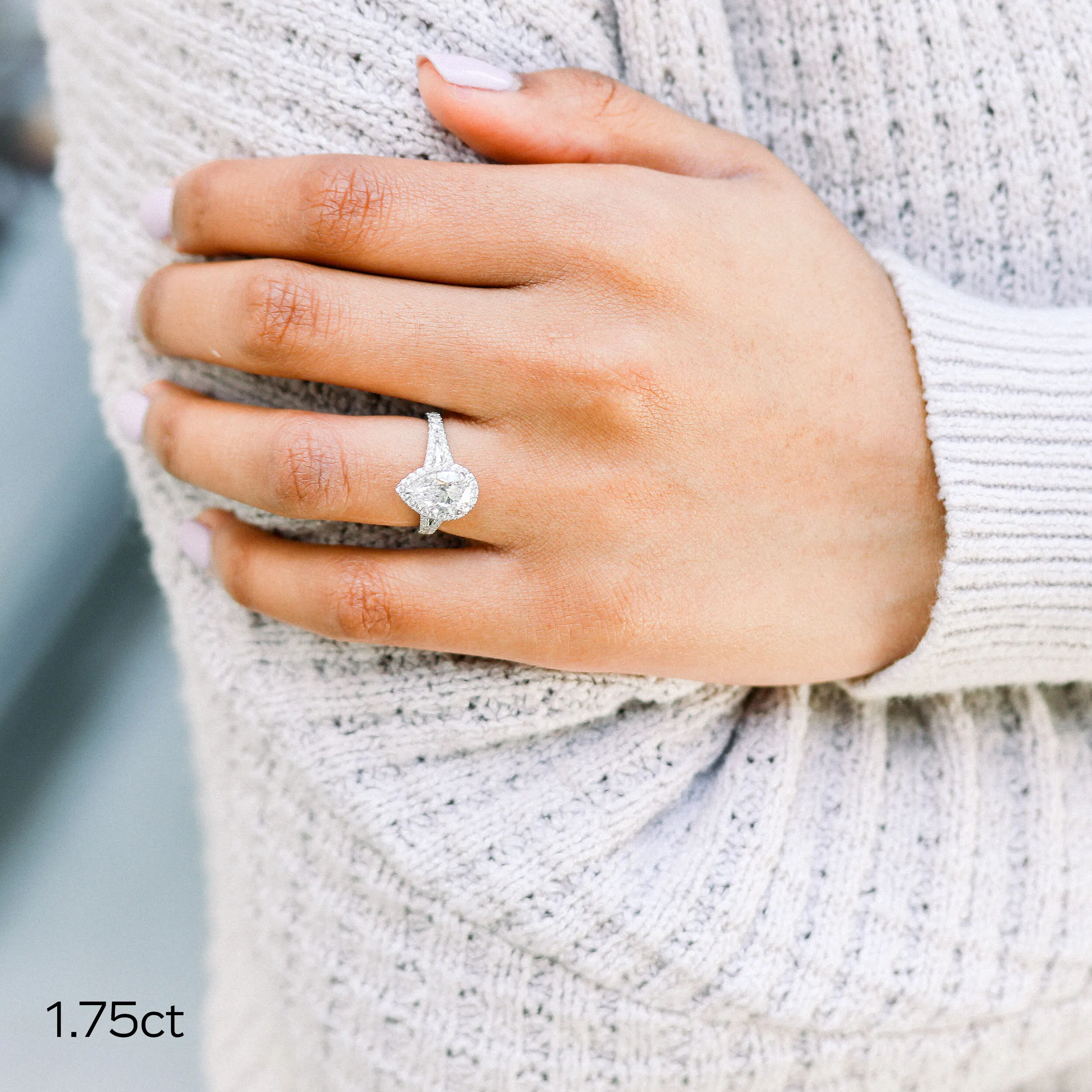 1.75 Carat pear lab diamond ring with halo and split shank diamond band ada diamonds design ad-161 on model