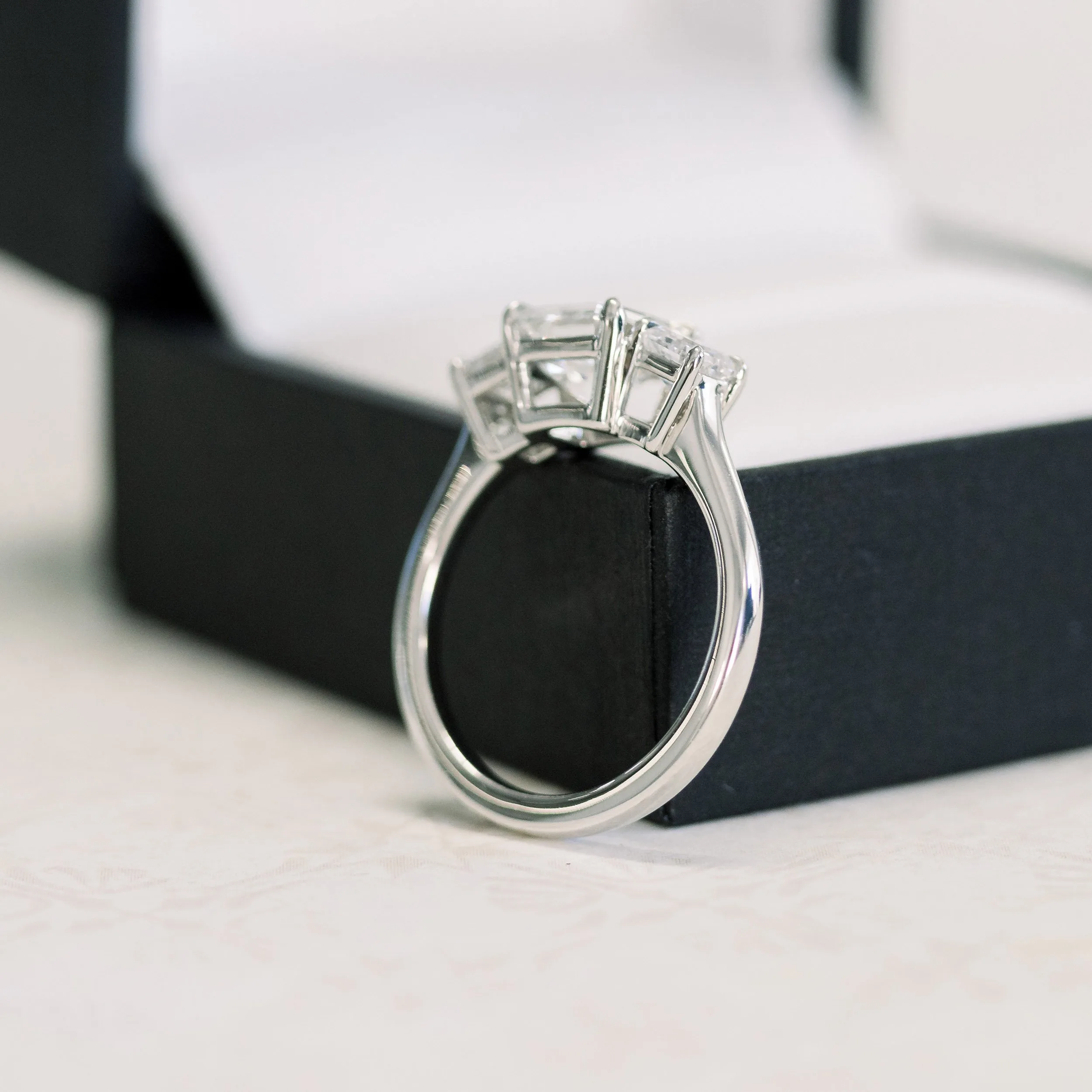asscher three stone lab diamond engagement ring