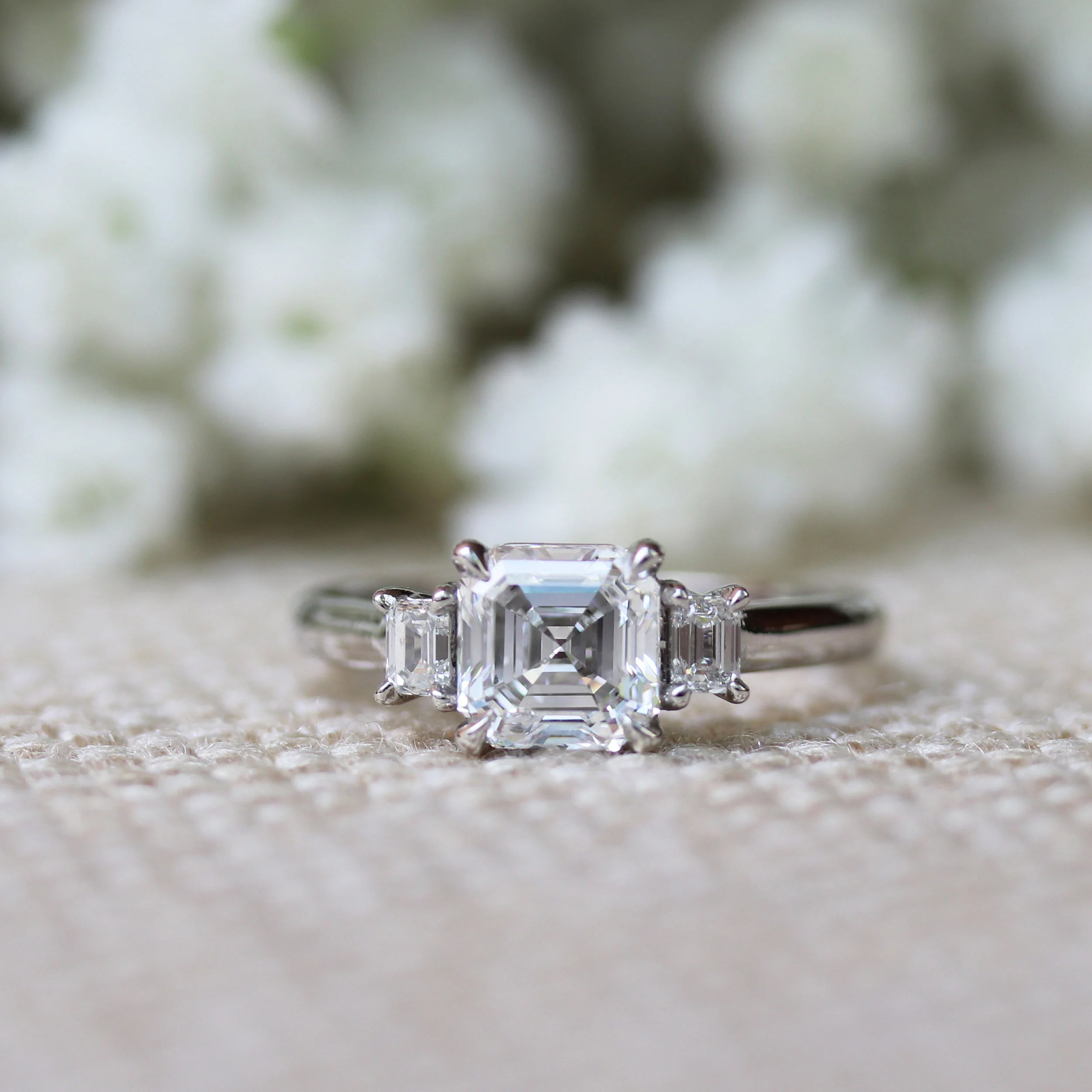 Platinum Asscher and Emerald Cut Lab Created Diamond Ring Ada Diamonds Design AD-293 Floral Background