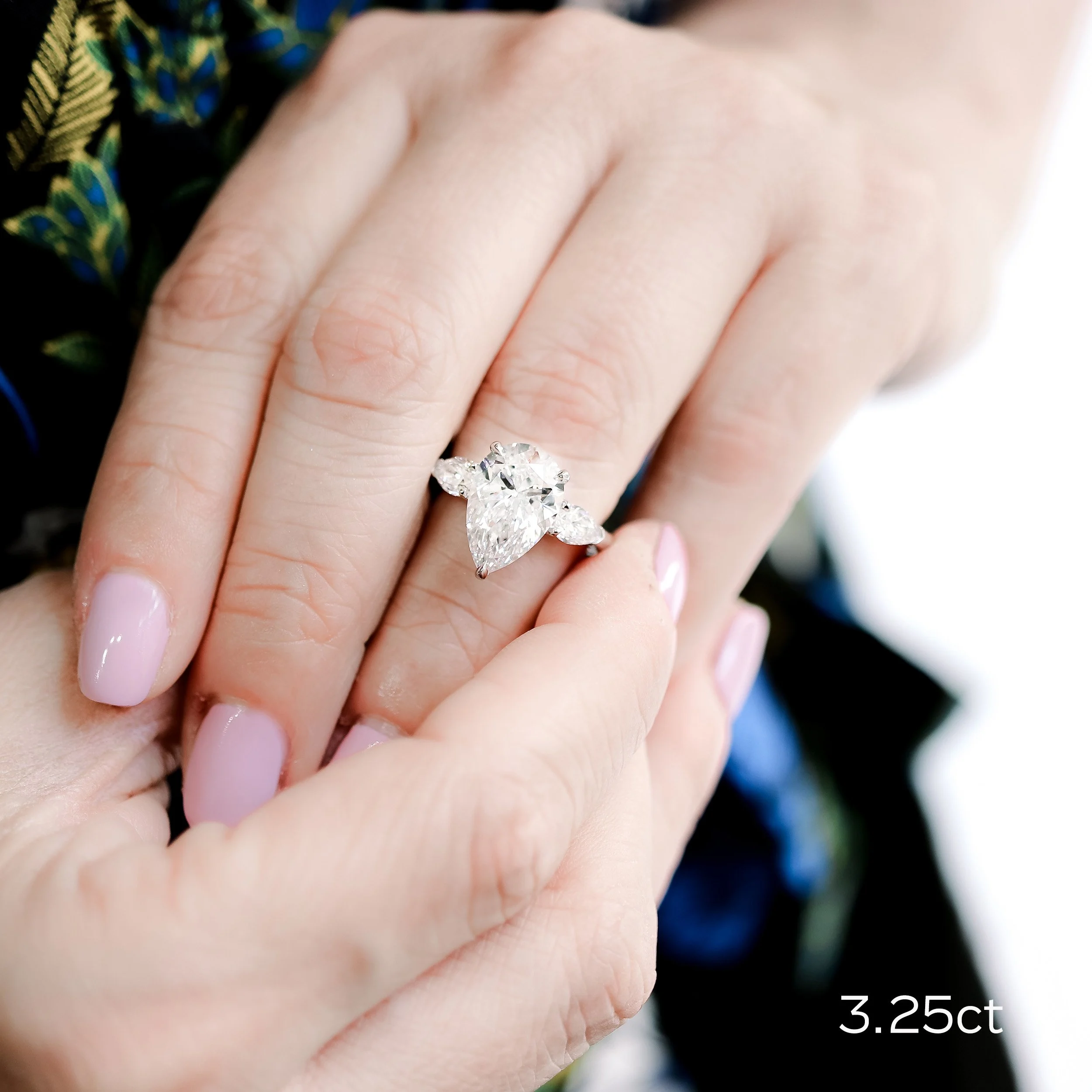 Platinum 3.25ct pear three stone lab diamond engagement ring ada diamonds design ad 218 on model