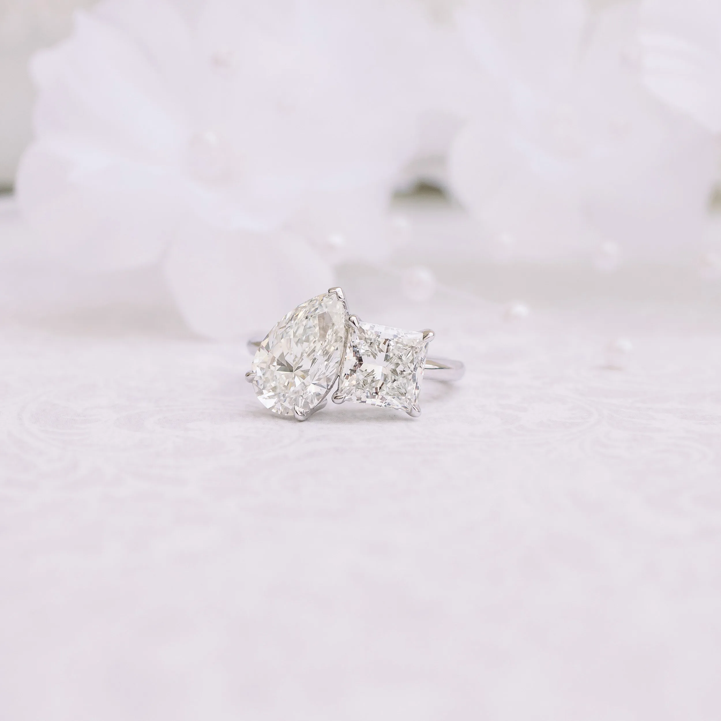 White Gold 3.5 Carat Princess and Pear Custom Solitaire Engagement Ring Ada Diamonds Design AD-363 White Background