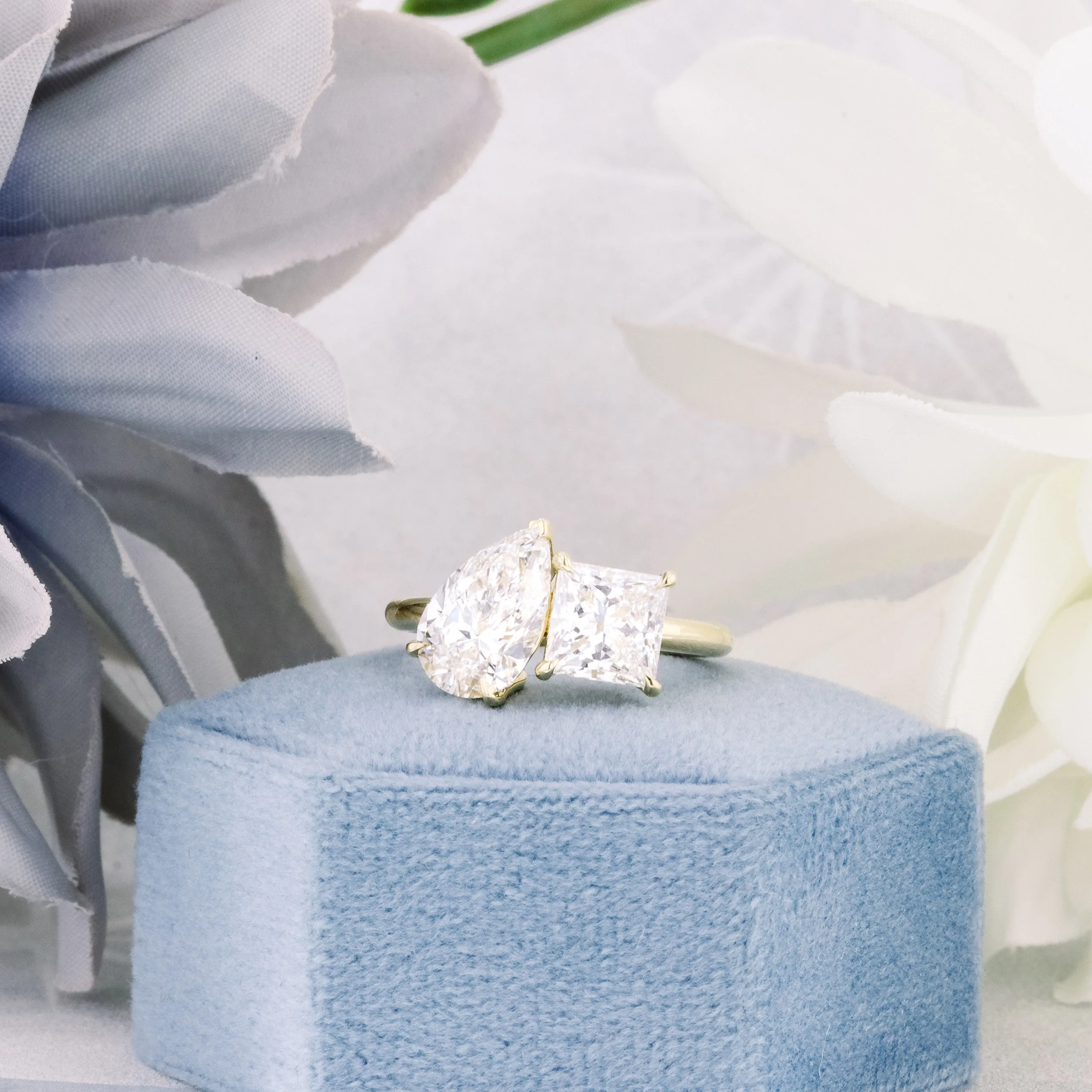 14k yellow gold pear and princess cut 3.5 carat lab diamond toi et moi engagement ring ada diamonds design ad 363