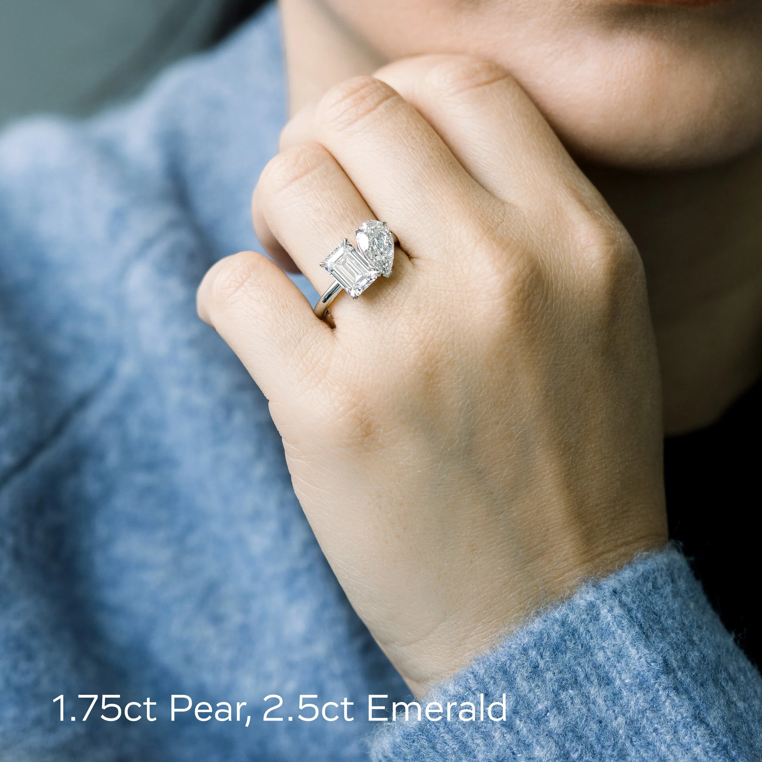 platinum 4ct pear and emerald toi et moi lab diamond engagement ring on model ada diamonds design ad 363