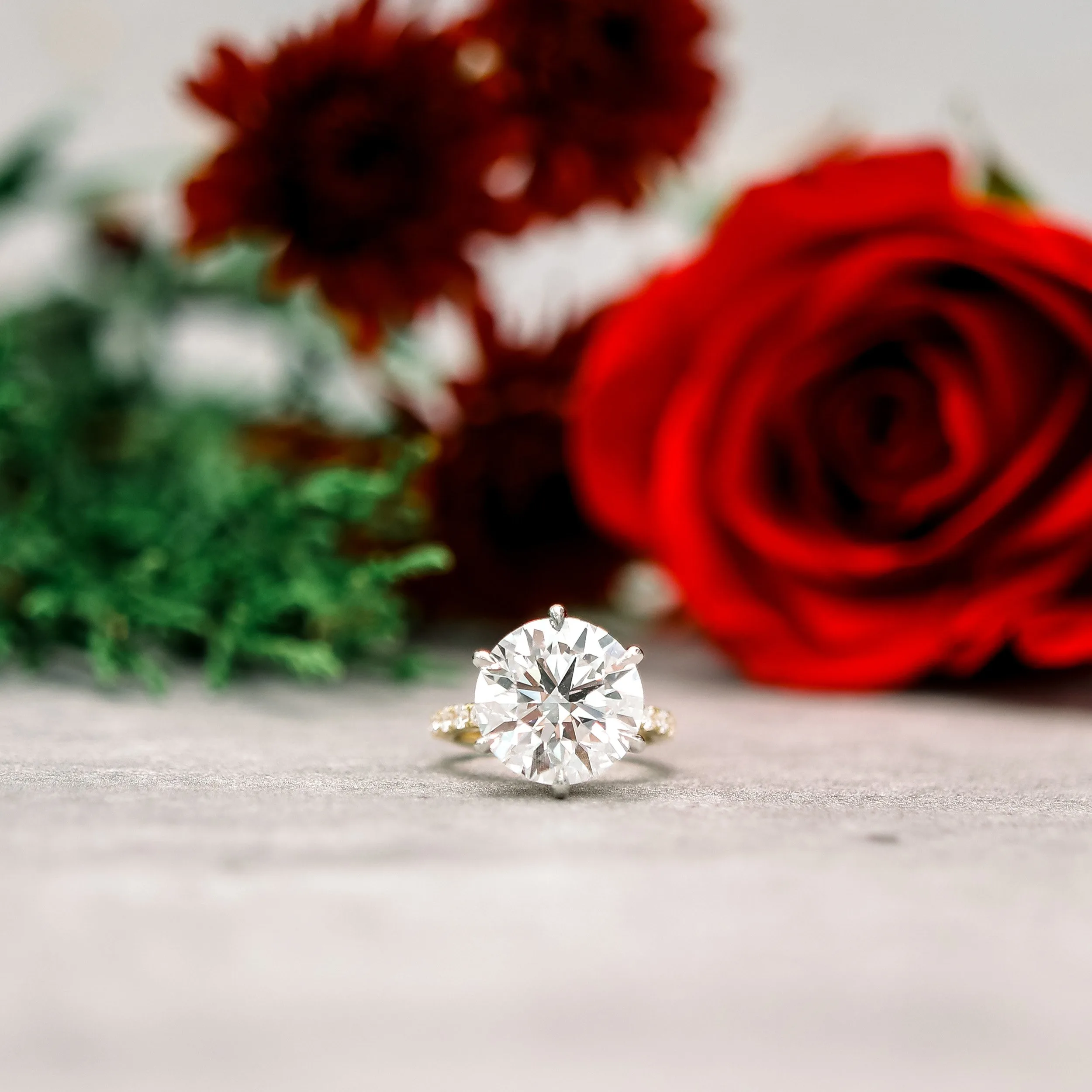 two-tone yellow gold and platinum 7 carat round lab created diamond six prong engagement ring with diamond band ada diamonds design ad 243 macro