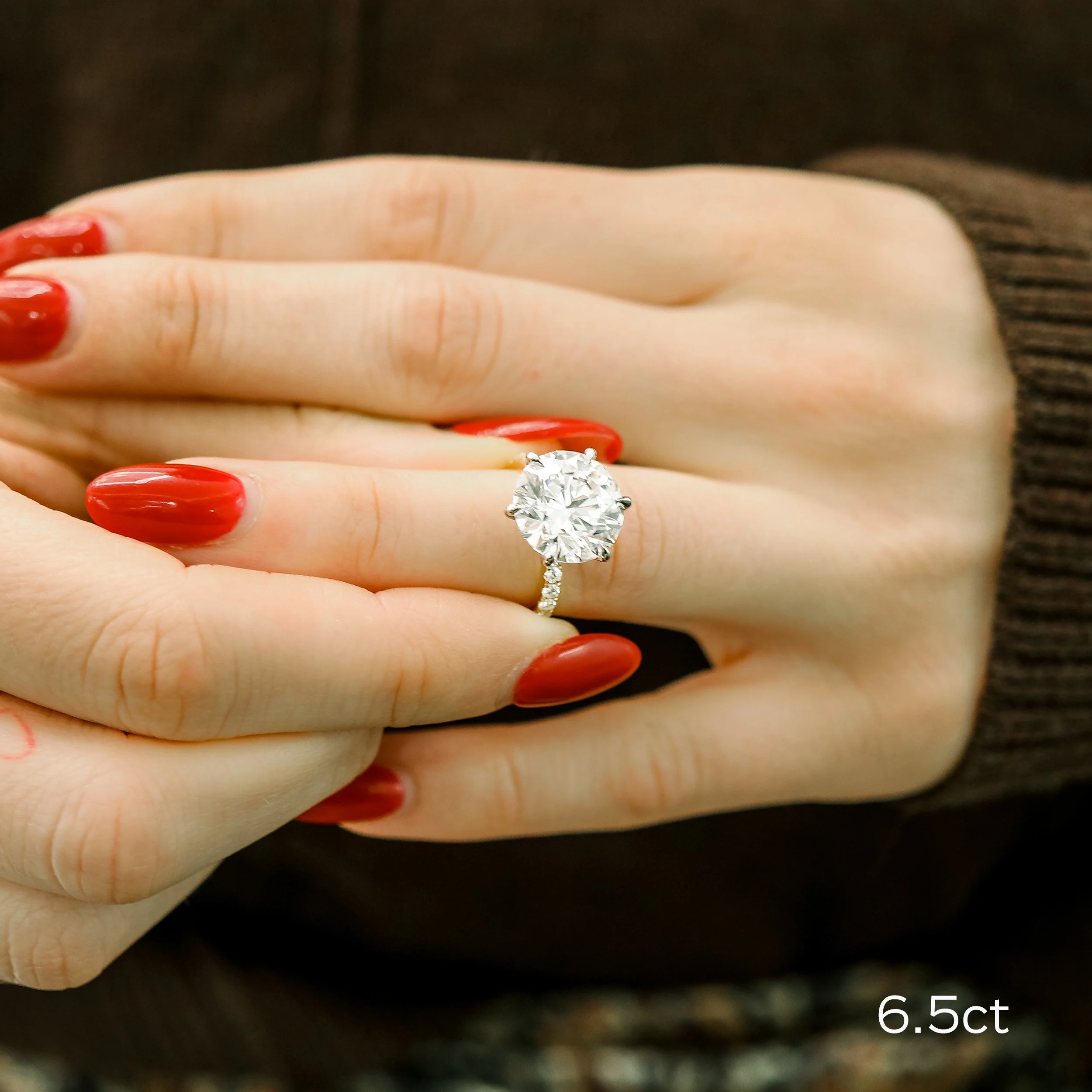 18k yellow gold and platinum two tone 6 carat round lab diamond six prong pavé engagement ring ada diamonds design ad 243 on model
