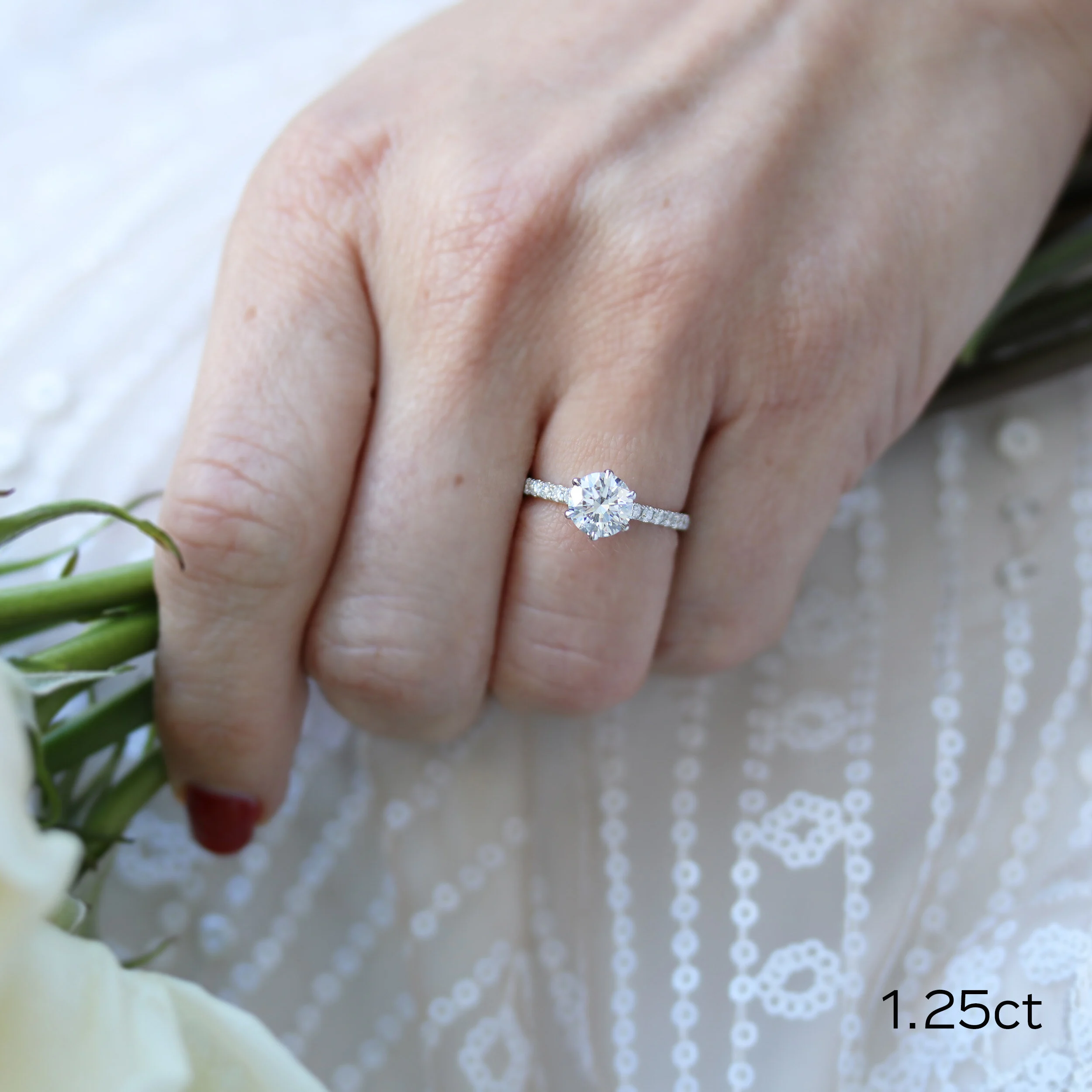 18k White Gold 1.5ct Round Lab Diamond Six Prong Pavé Engagement Ring Ada Diamonds Design AD-243 on Model