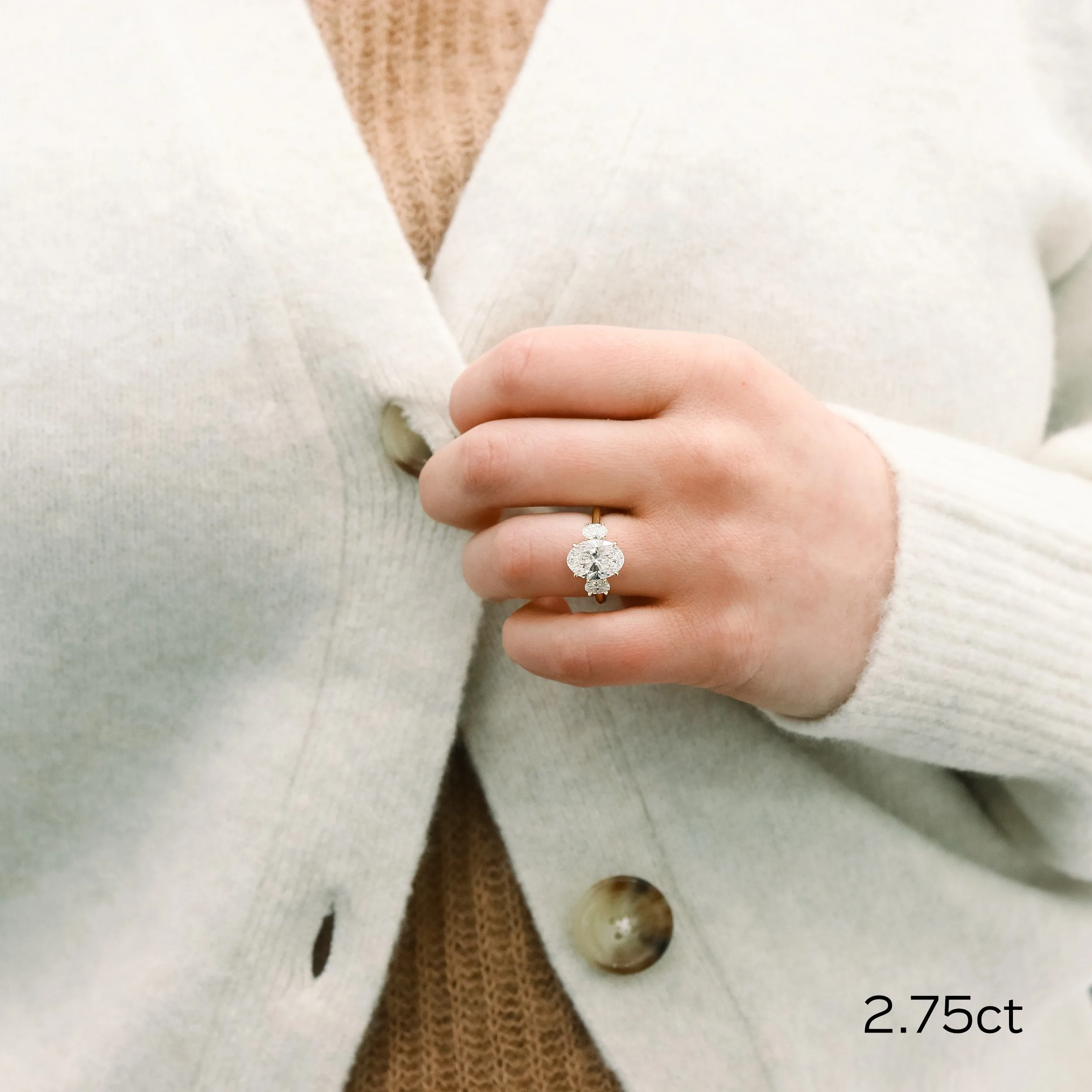 yellow gold oval three stone lab diamond engagement ring ada diamonds design ad 158 on model
