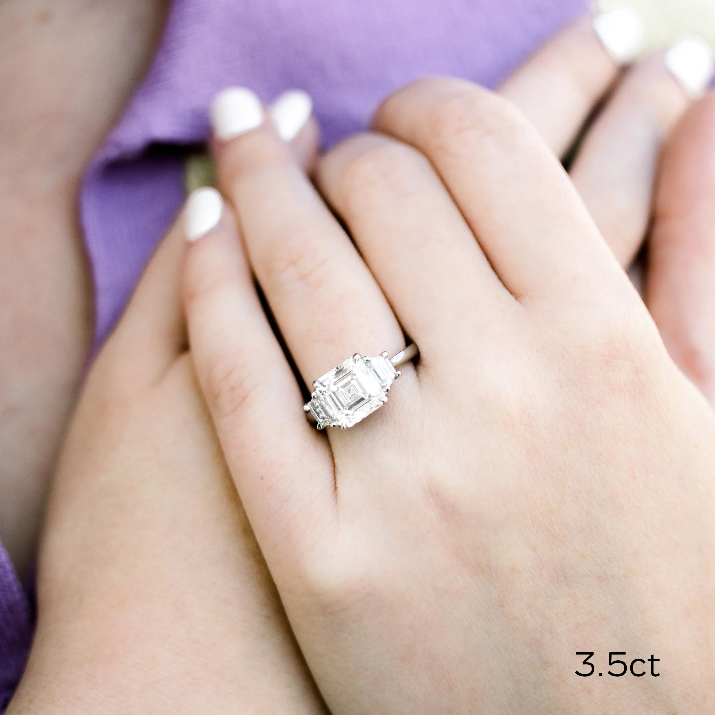 platinum 3.5 ct asscher cut and trapezoid three stone lab diamond engagement ring ada diamonds design ad 494 on model