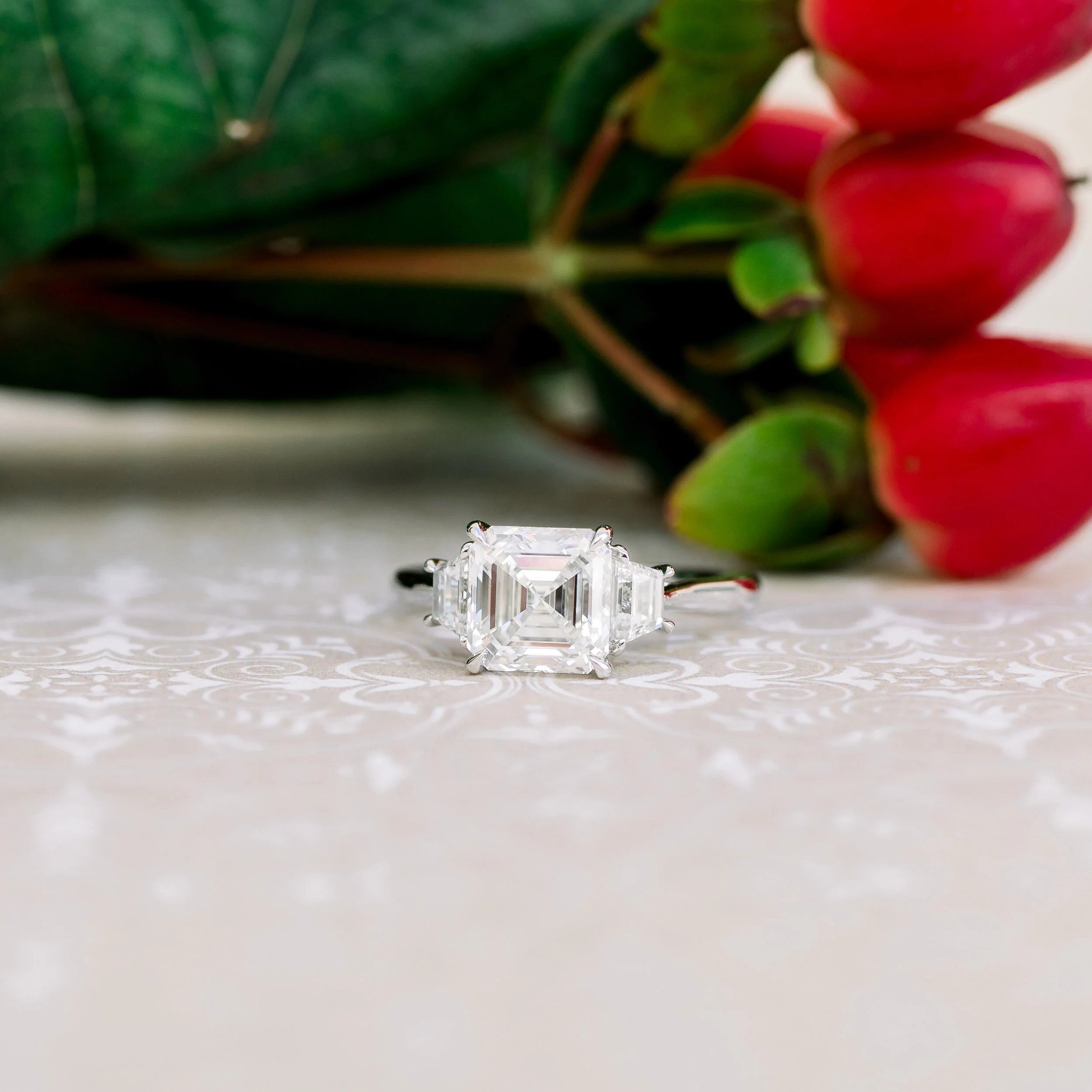 18k White Gold 2 Carat Asscher and Trapezoid Lab Diamond Three Stone Ring Ada Diamonds Design AD-494 Artistic