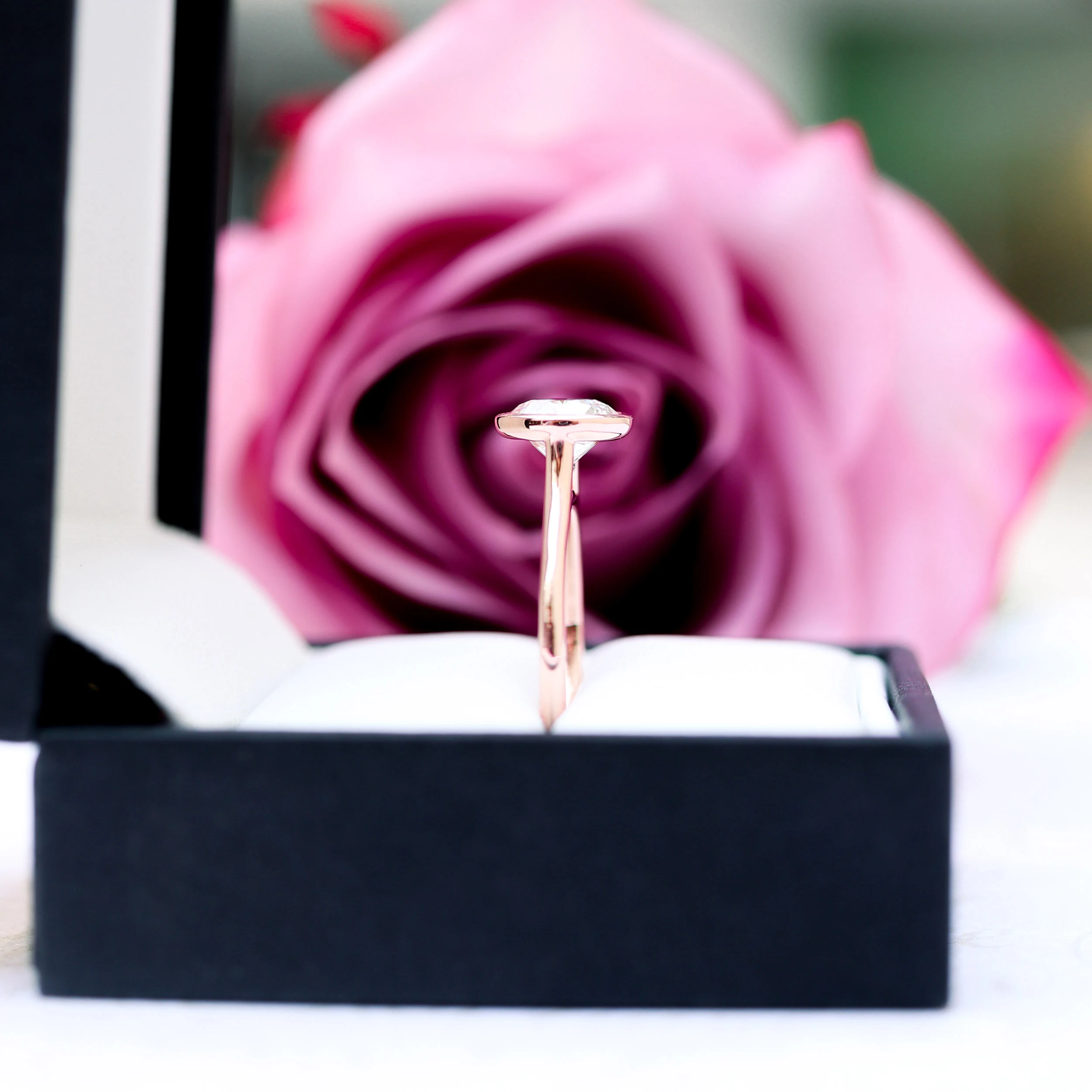 14k Rose Gold 1.5 ct Round Bezel Man Made Diamond Solitaire Engagement Ring Ada Diamonds Design AD-148 Profile View