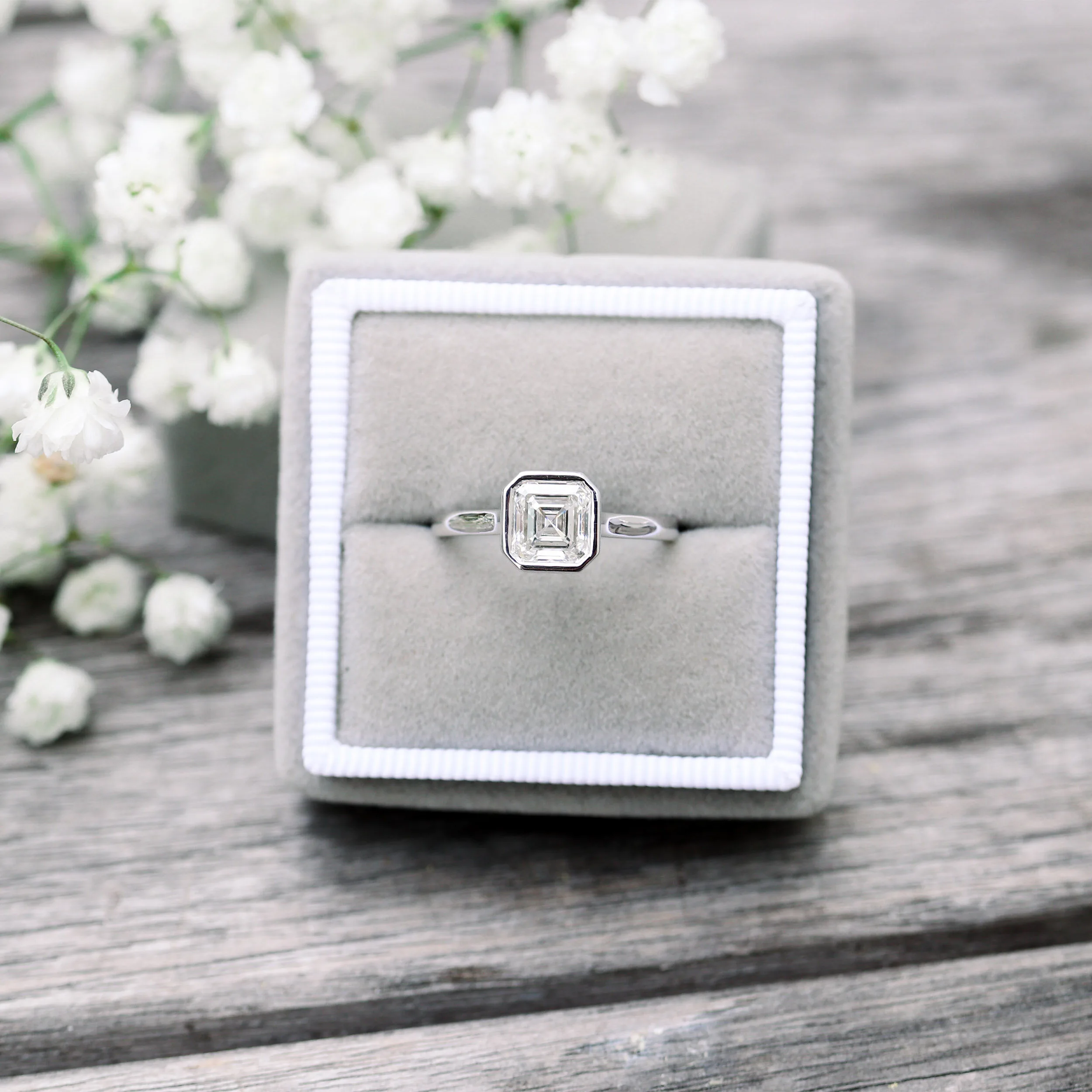 14k White Gold Asscher Cut Lab Diamond Bezel Solitaire Engagement Ring in Velvet Box Ada Diamonds Design Number AD-148