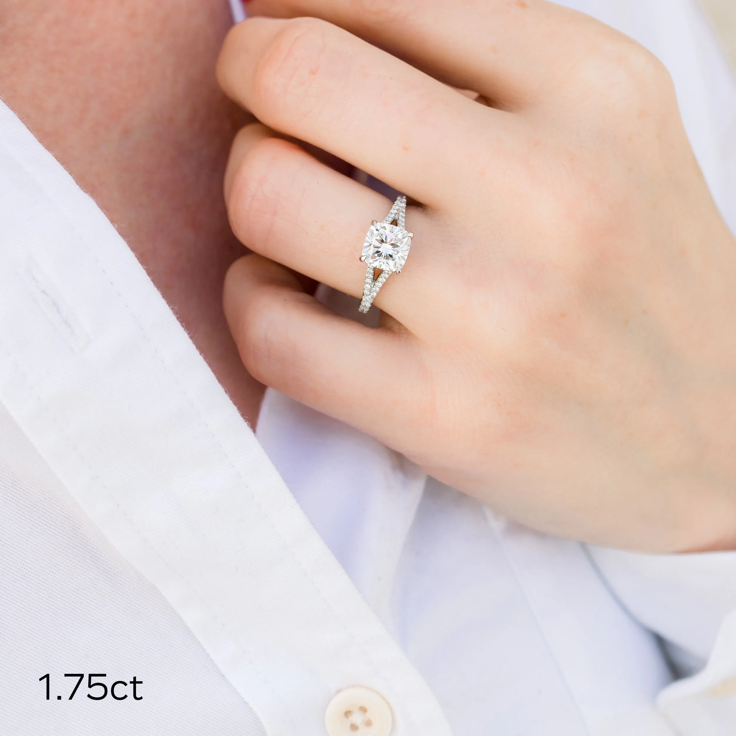 platinum 2 ct cushion cut split shank lab diamond engagement ring ada diamonds design ad153 on model