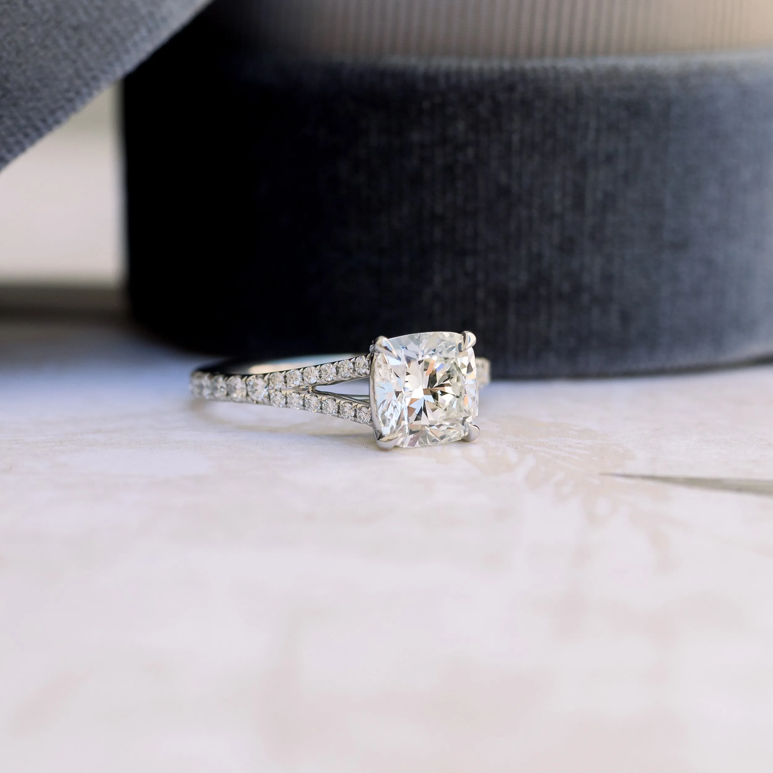platinum 2 carat cushion cut lab diamond engagement with split shank diamond band ada diamonds design ad 153 macro