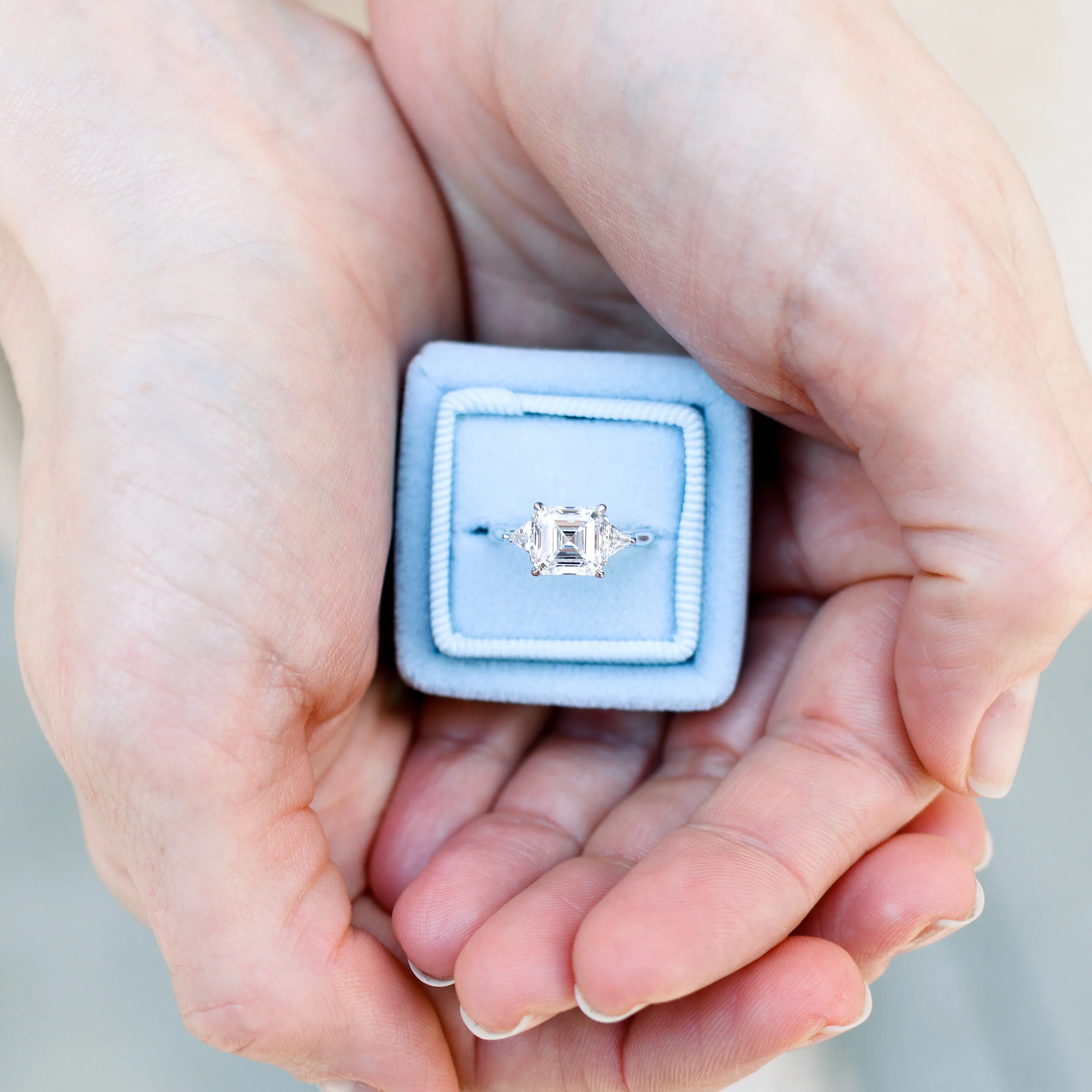 platinum 1.5ct lab made asscher diamond with trillion side stones