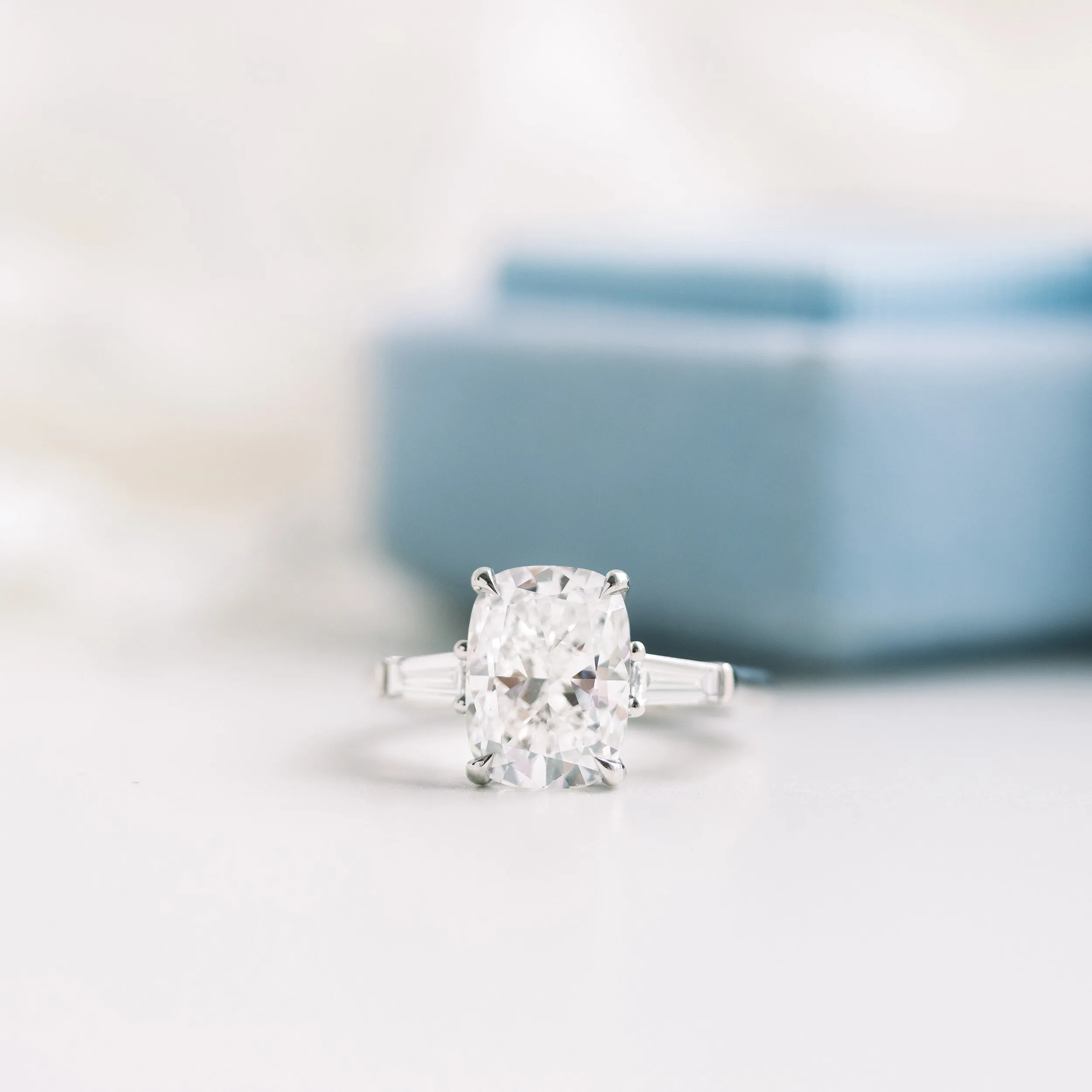 platinum 2.75 carat cushion cut and baguette lab diamond three stone engagement ring ada diamonds design ad 471