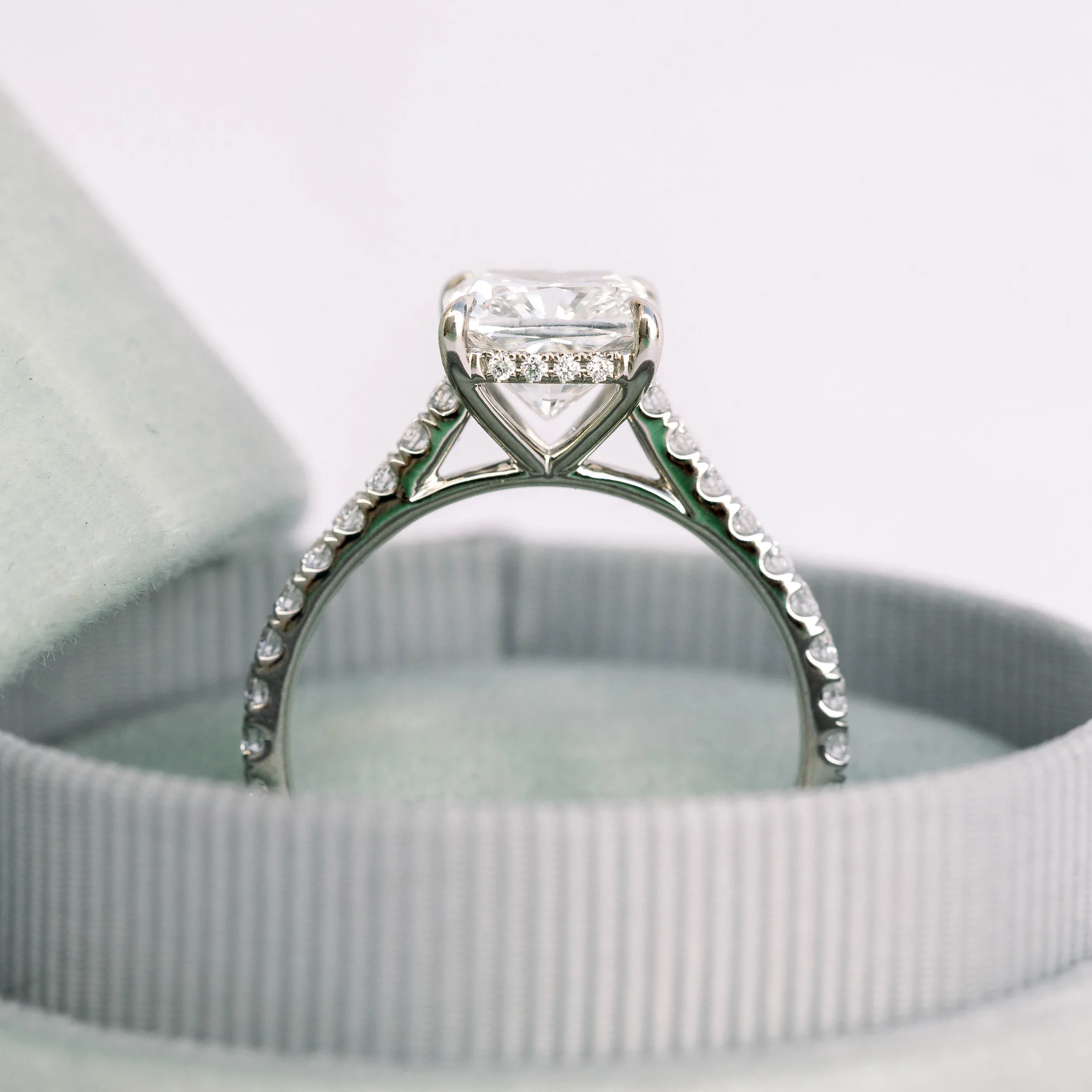 18k White Gold 2.5 Carat Cushion Cut Cathedral Pavé Lab Created Diamond Ring Ada Diamonds Design AD-214 Profile