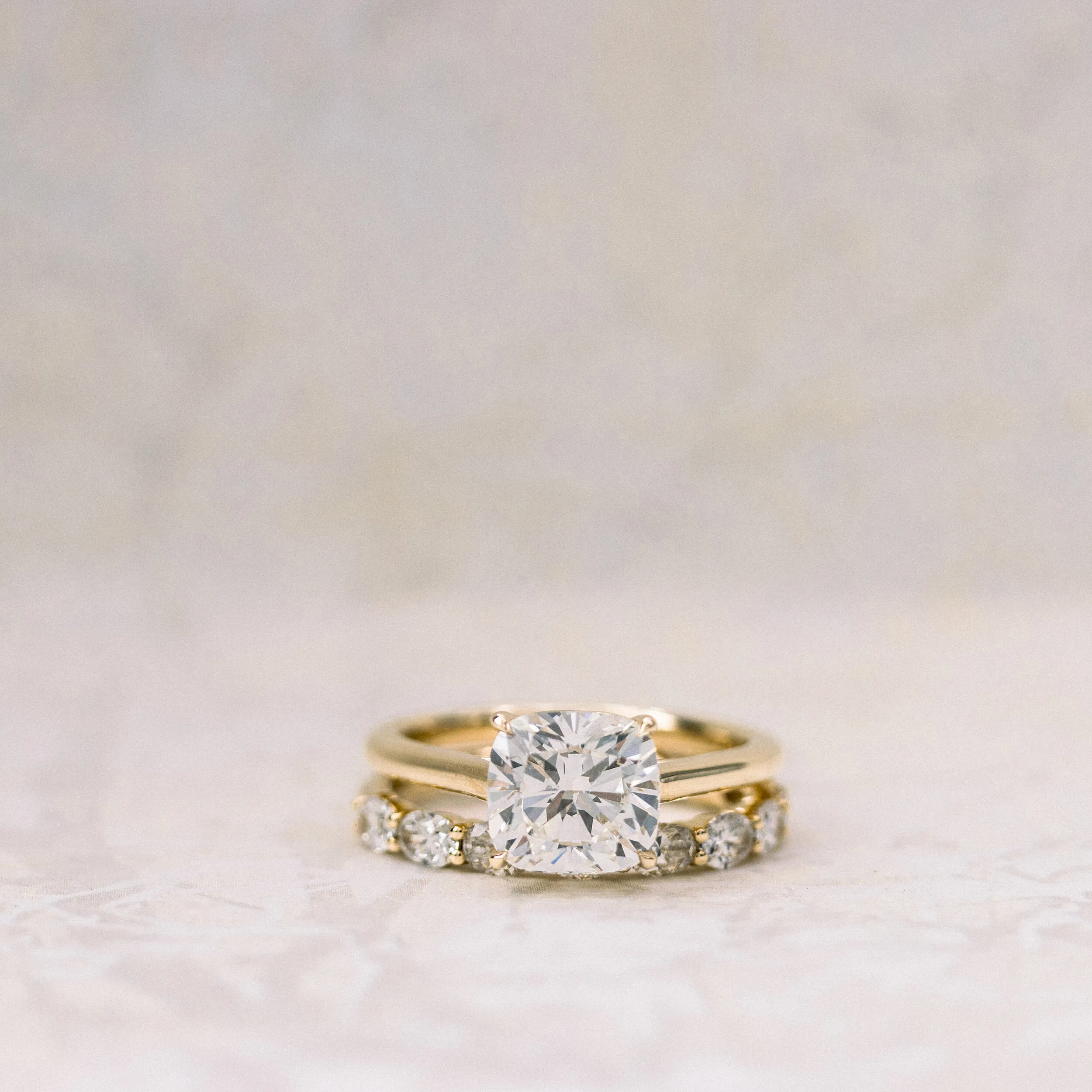 14k Yellow Gold 2ct Cushion Cut Cathedral Lab Diamond Solitaire Engagement Ring Ada Diamonds Design AD-334 with Wedding Band